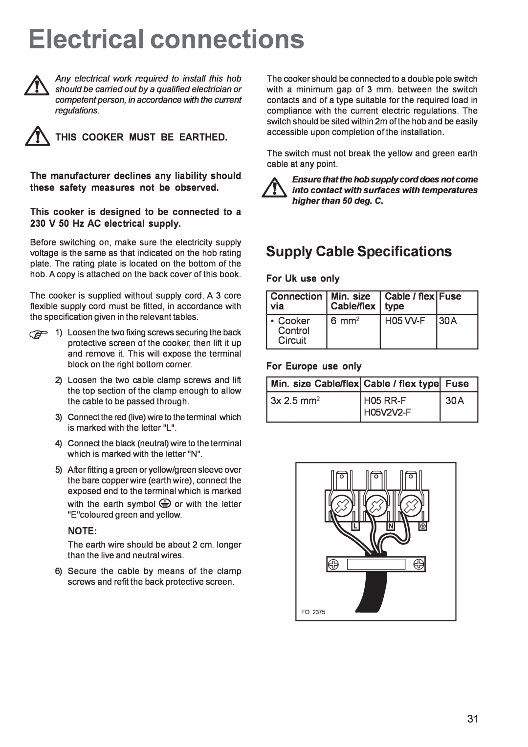Zanussi ZCE 651 manual Electrical connections, Supply Cable Specifications, Cooker, 6 mm2, H05 VV-F, 30 A, Control, Circuit 