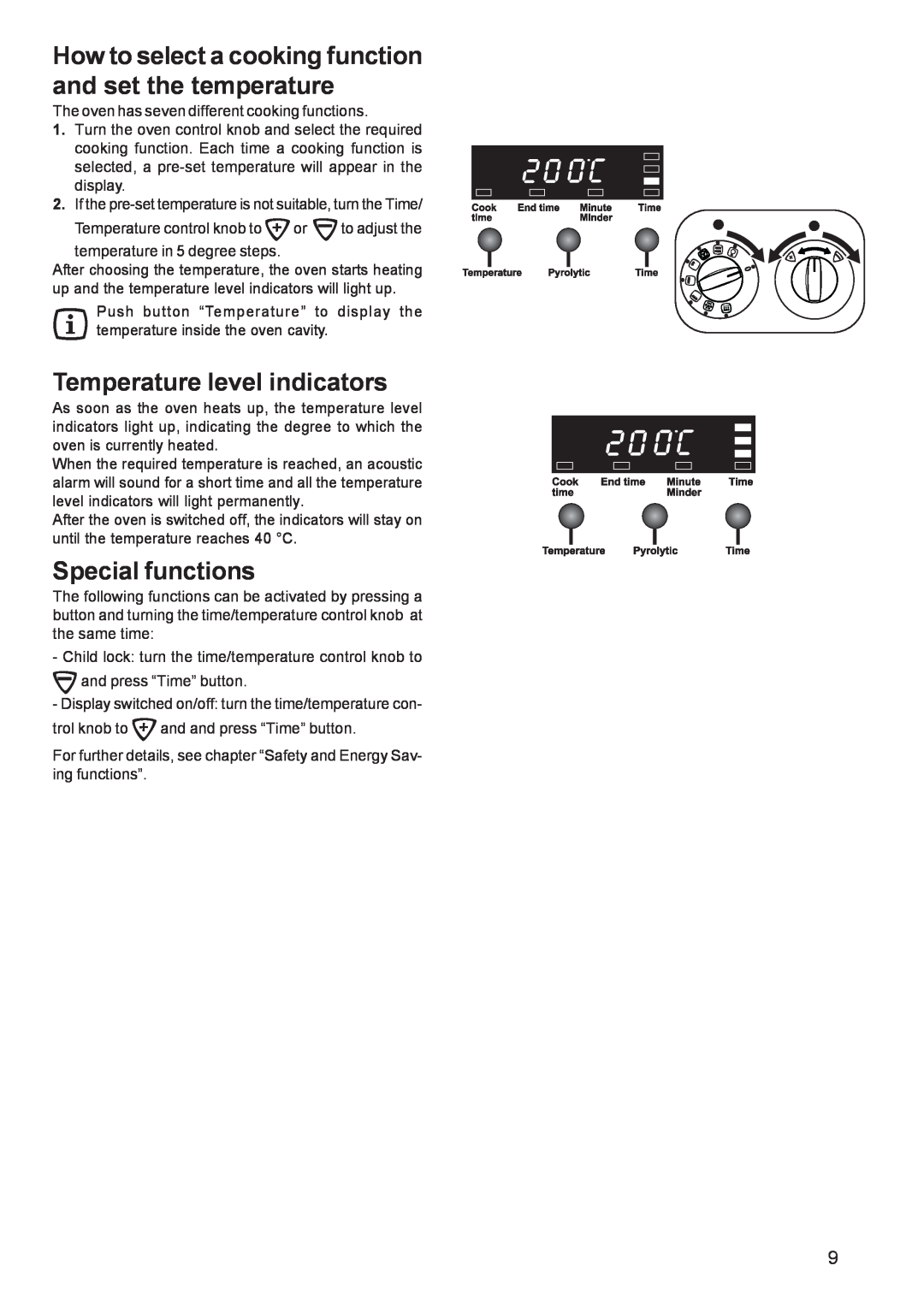 Zanussi ZCE 651 Temperature level indicators, Special functions, How to select a cooking function and set the temperature 