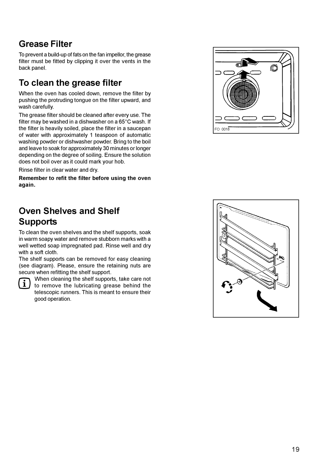 Zanussi ZCE 700 manual Grease Filter, To clean the grease filter, Oven Shelves and Shelf Supports 