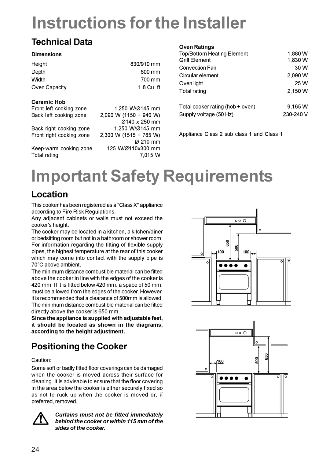 Zanussi ZCE 700 manual Instructions for the Installer, Important Safety Requirements, Technical Data, Location 