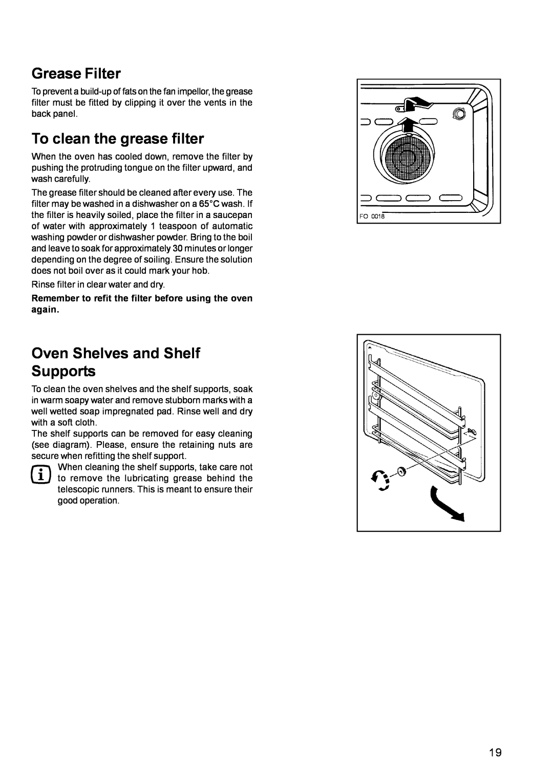 Zanussi ZCE 700 manual Grease Filter, To clean the grease filter, Oven Shelves and Shelf Supports 