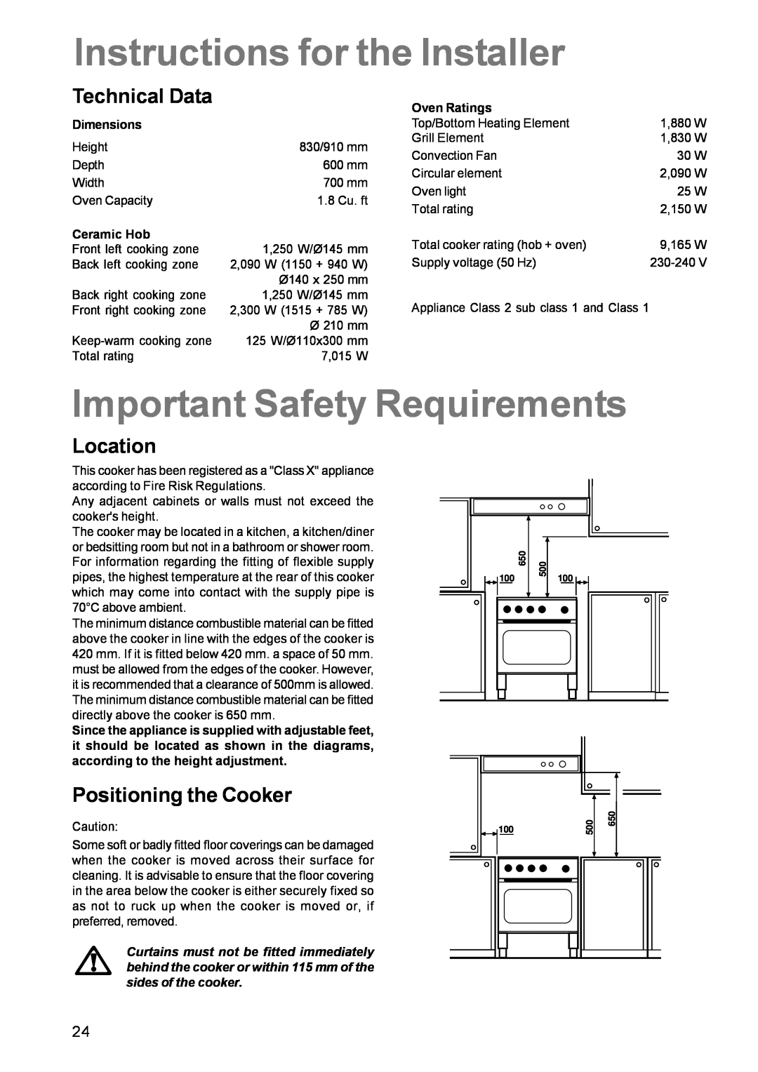 Zanussi ZCE 700 manual Instructions for the Installer, Important Safety Requirements, Technical Data, Location 