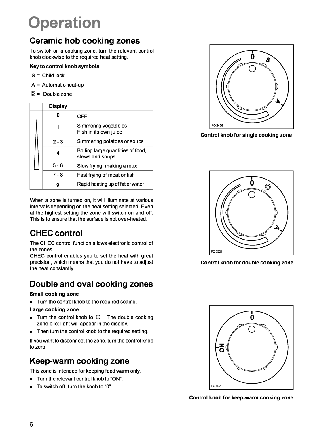 Zanussi ZCE 700 Operation, CHEC control, Double and oval cooking zones, Keep-warm cooking zone, Ceramic hob cooking zones 