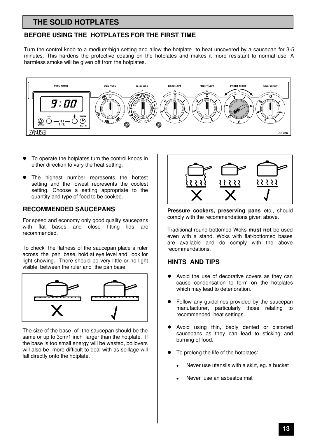 Zanussi ZCE 7200 Solid Hotplates, Before Using the Hotplates for the First Time, Recommended Saucepans, Hints and Tips 