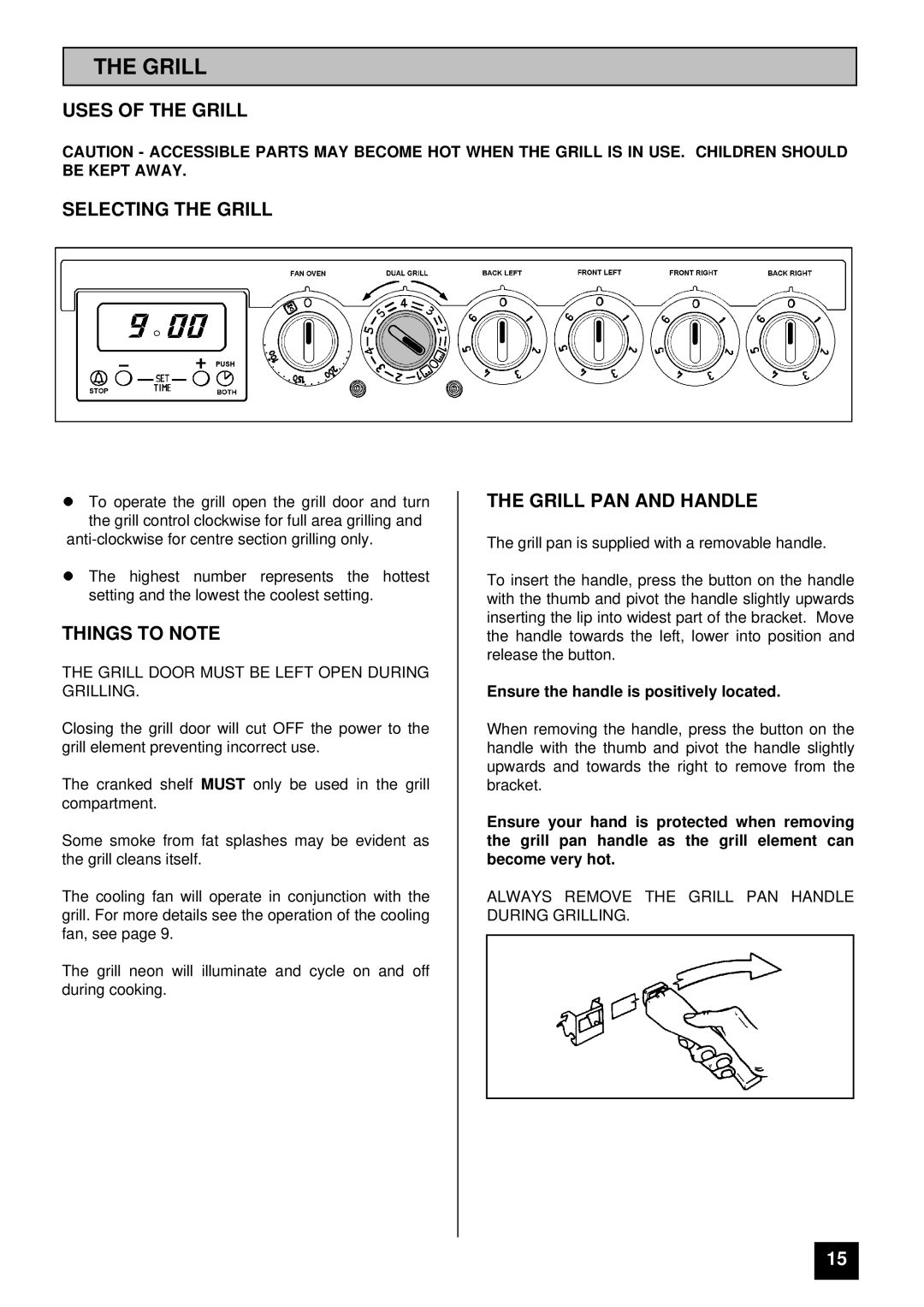 Zanussi ZCE 7300 manual Uses of the Grill Selecting the Grill, Grill PAN and Handle 