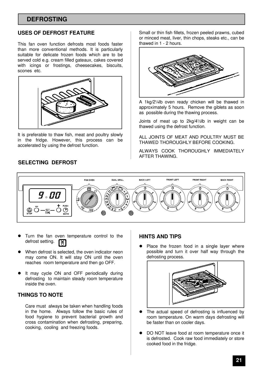 Zanussi ZCE 7300 manual Defrosting, Uses of Defrost Feature, Selecting Defrost 