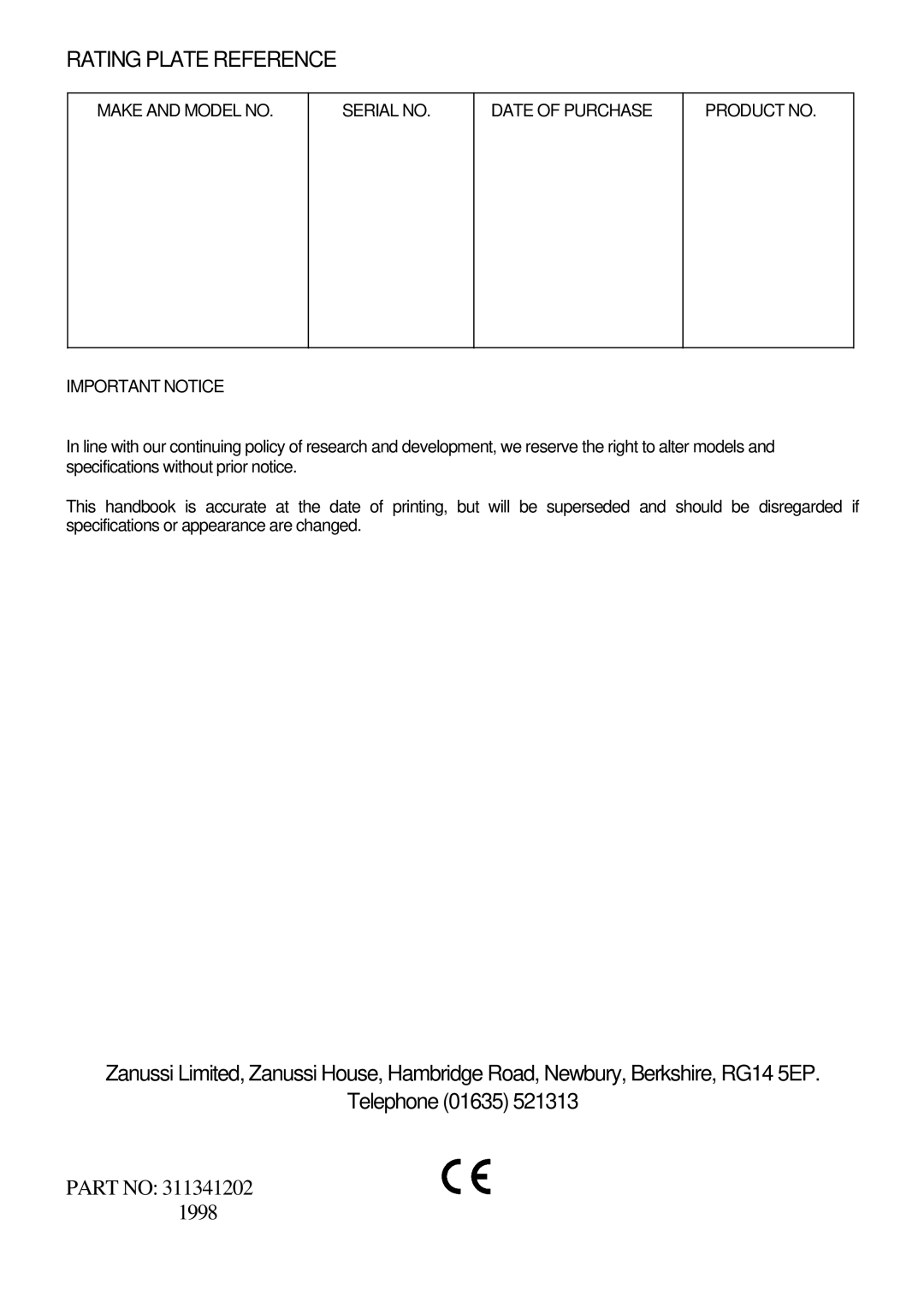 Zanussi ZCE 7300 manual Rating Plate Reference 