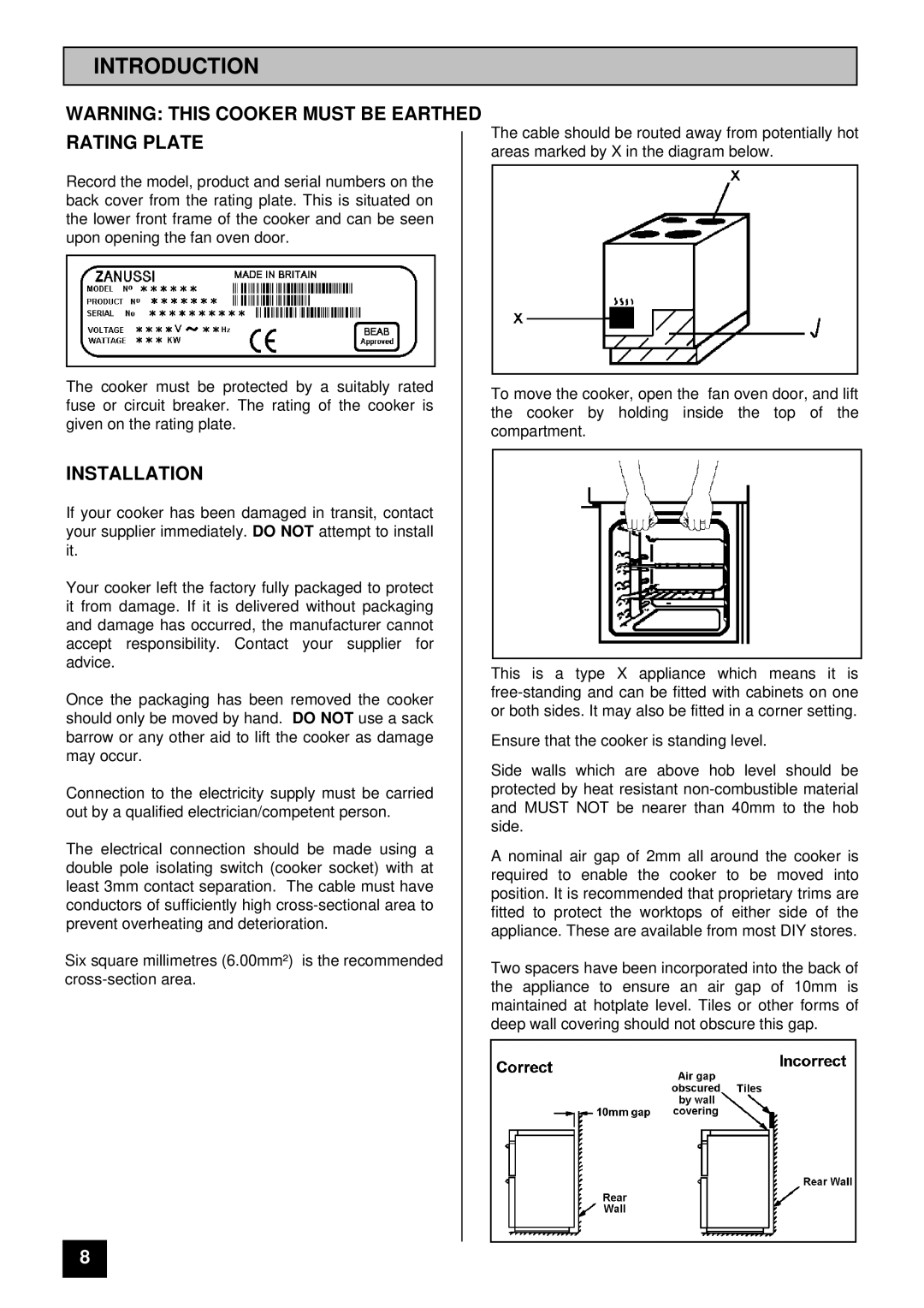 Zanussi ZCE 7300 manual Introduction, Rating Plate, Installation 