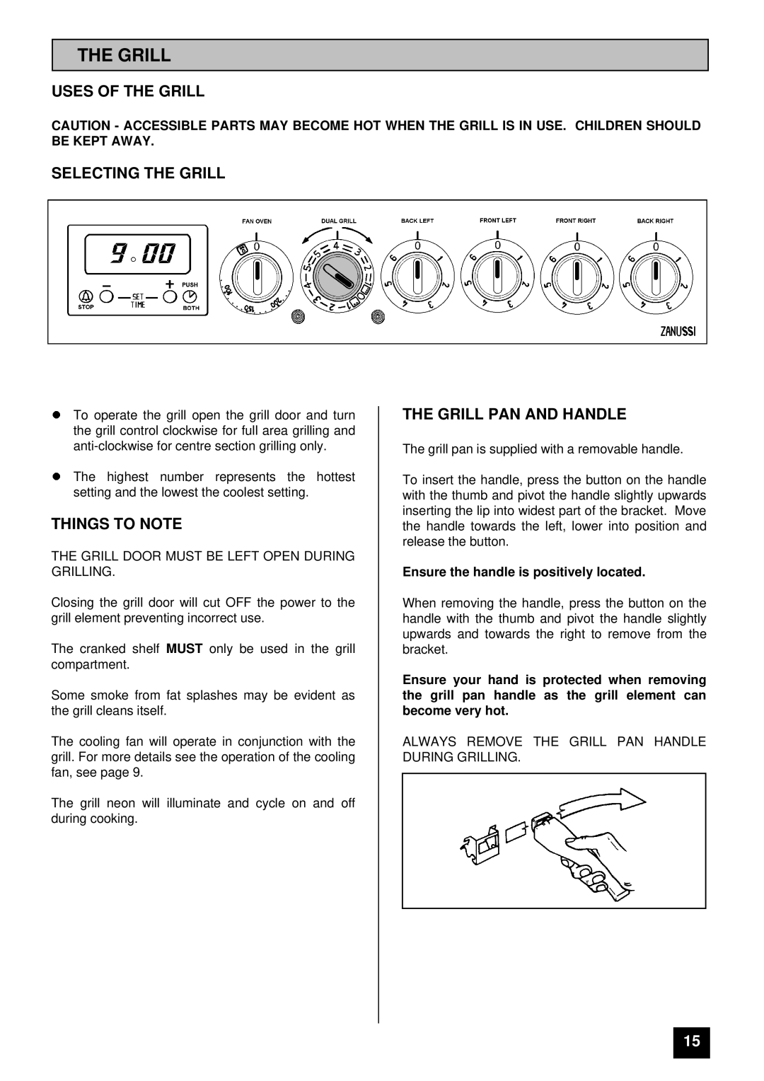 Zanussi ZCE 7350 manual Uses of the Grill Selecting the Grill, Grill PAN and Handle 