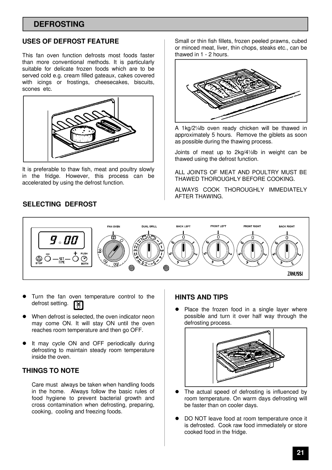 Zanussi ZCE 7350 manual Defrosting, Uses of Defrost Feature, Selecting Defrost 