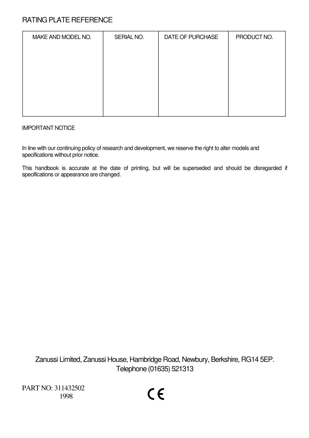 Zanussi ZCE 7350 manual Rating Plate Reference 