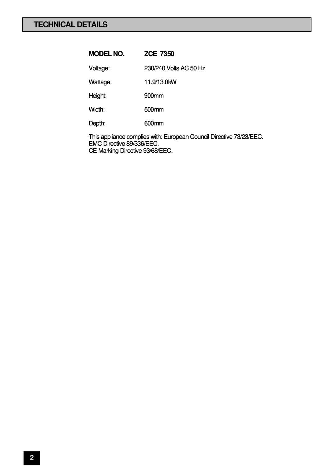 Zanussi ZCE 7350 manual Technical Details, Model No 
