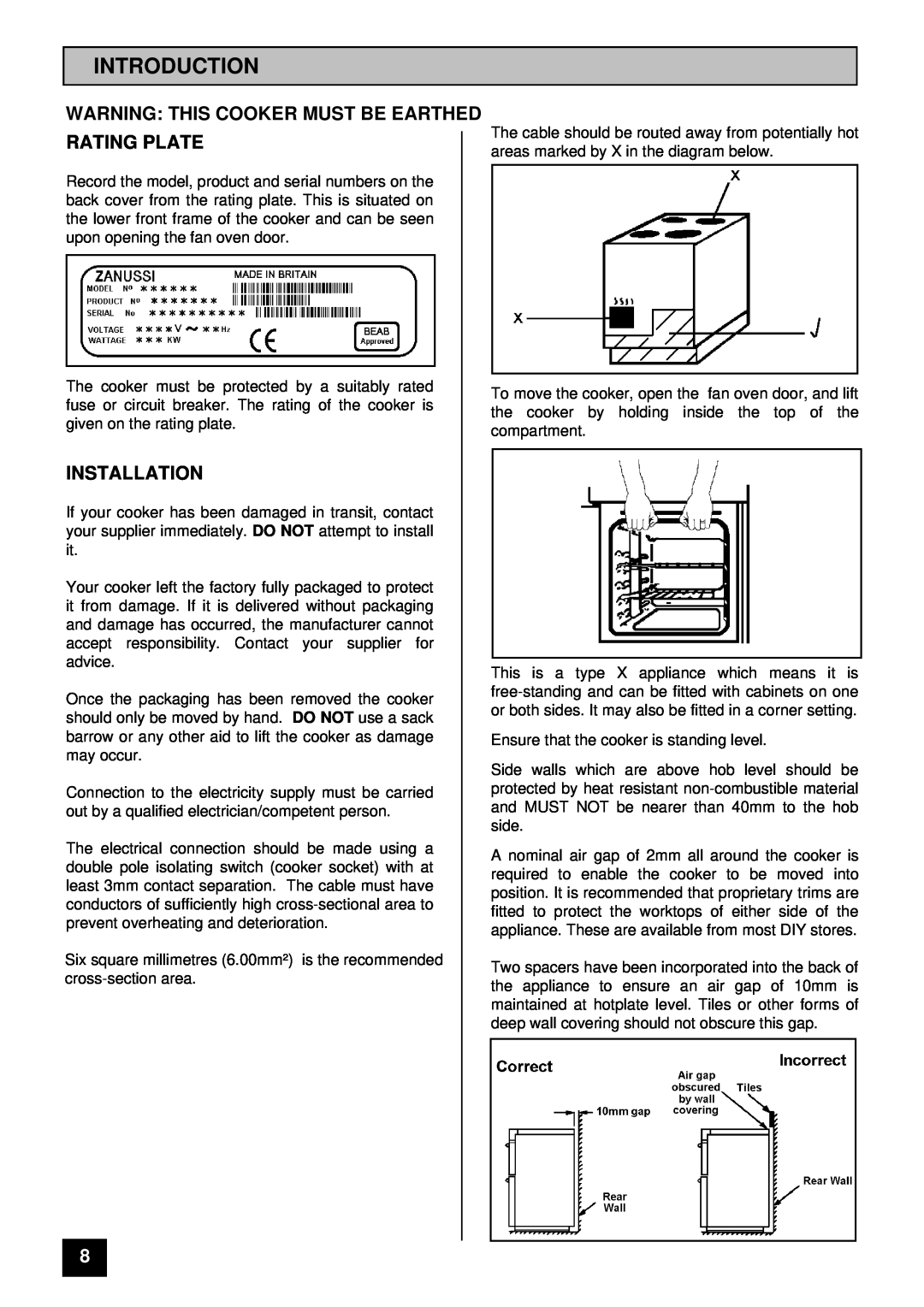 Zanussi ZCE 7350 manual Introduction, Warning This Cooker Must Be Earthed Rating Plate, Installation 