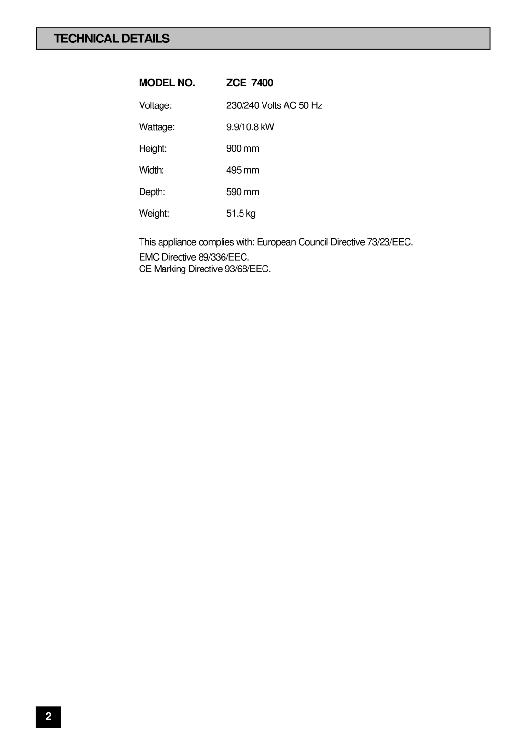 Zanussi ZCE 7400 manual Technical Details, Model no 