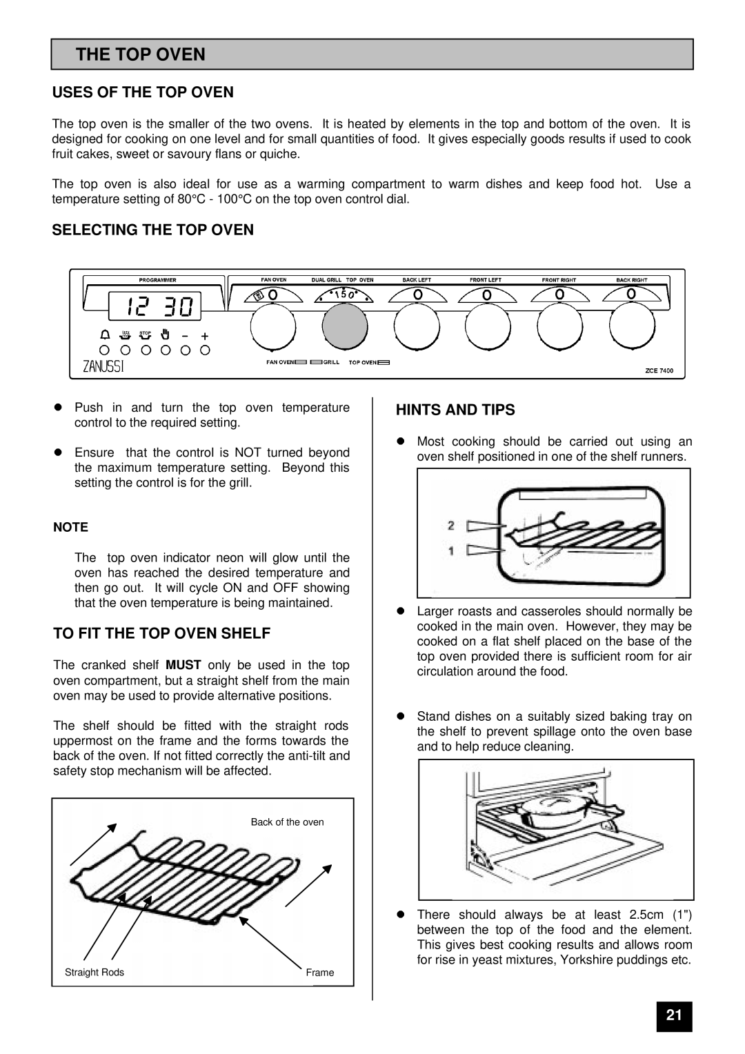 Zanussi ZCE 7400 manual Uses of the TOP Oven, Selecting the TOP Oven, To FIT the TOP Oven Shelf 