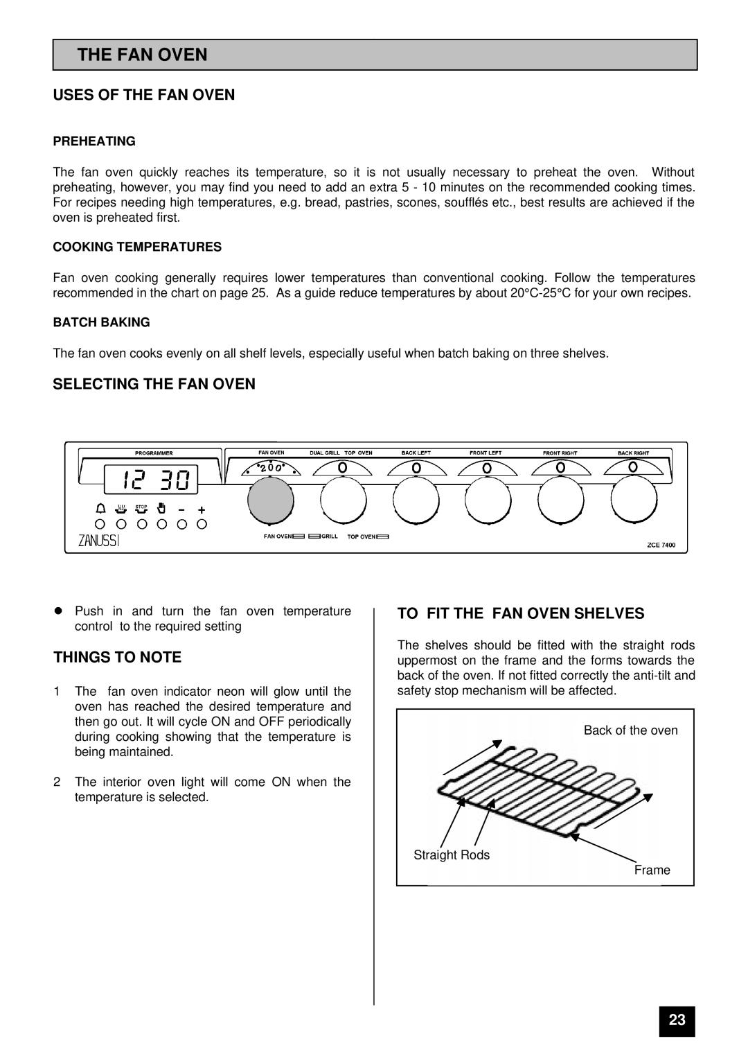 Zanussi ZCE 7400 manual Uses of the FAN Oven, Selecting the FAN Oven, To FIT the FAN Oven Shelves 