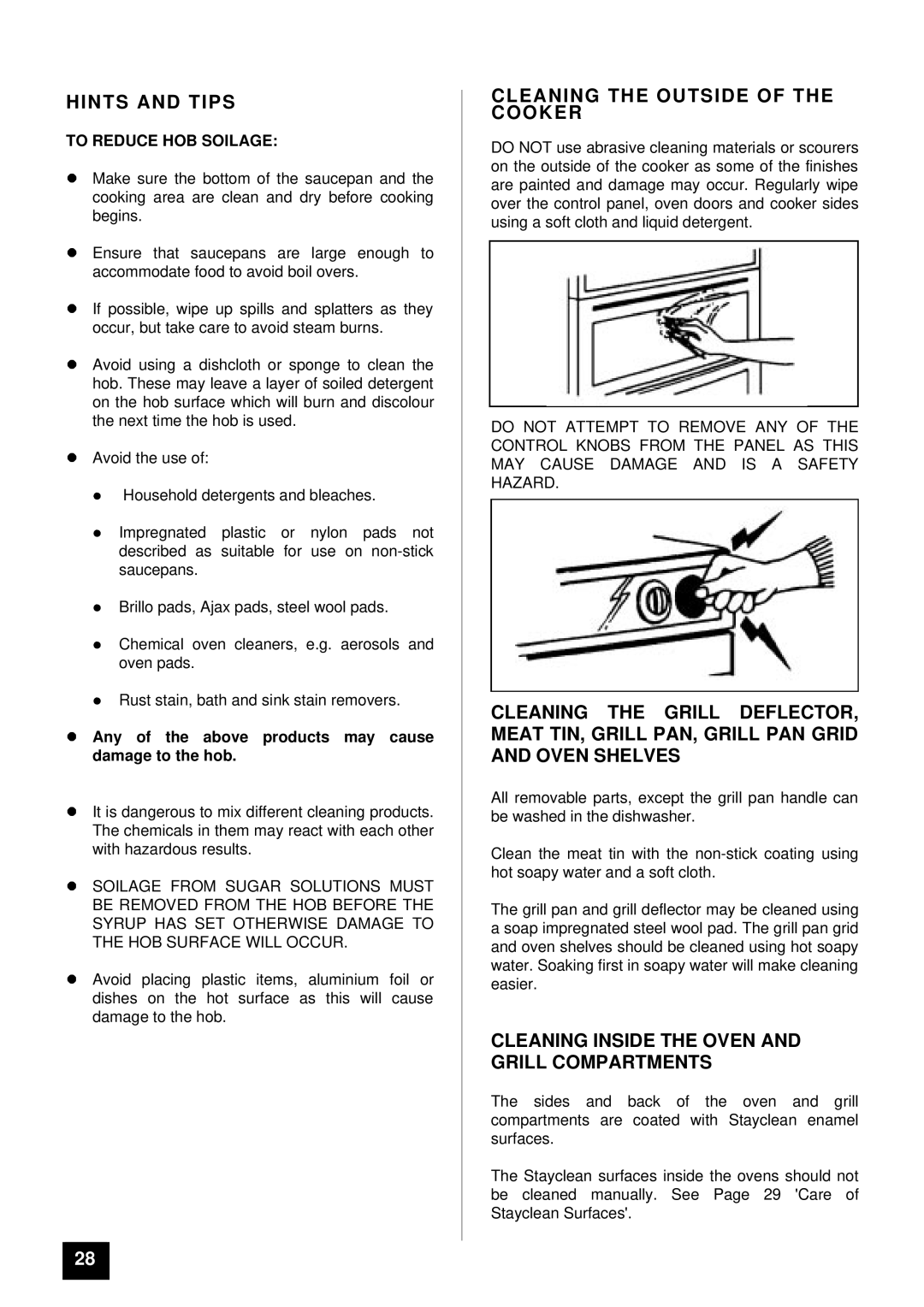 Zanussi ZCE 7400 manual Cleaning the Outside of the Cooker, Cleaning Inside the Oven and Grill Compartments 