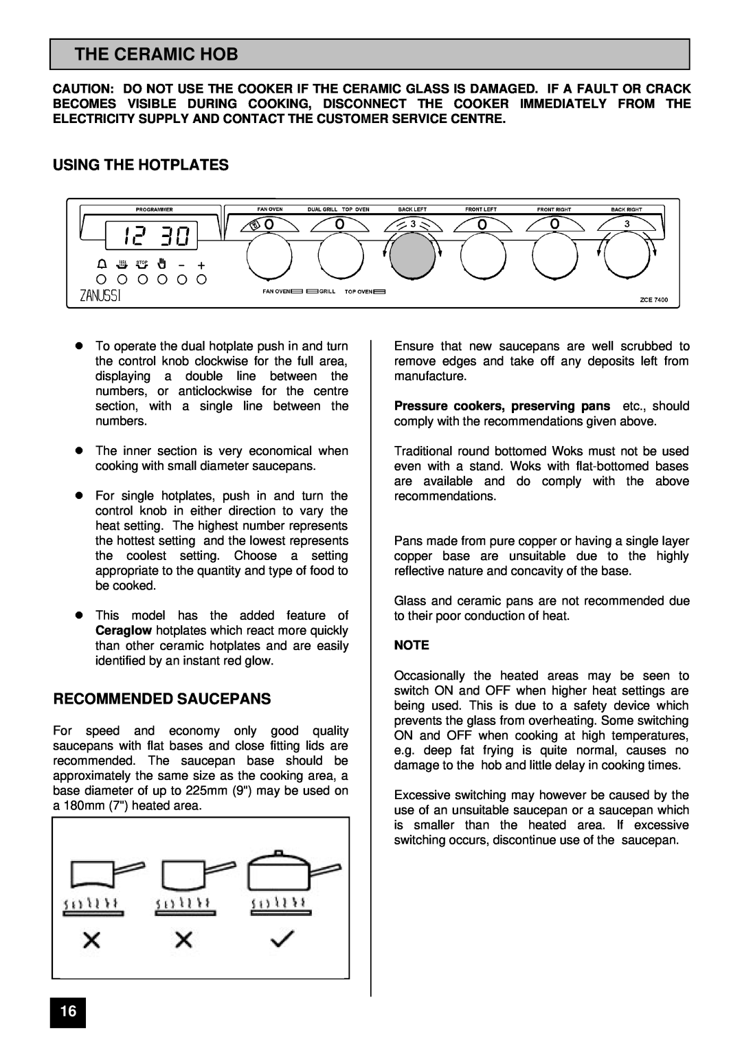 Zanussi ZCE 7400 manual The Ceramic Hob, Using The Hotplates, Recommended Saucepans 