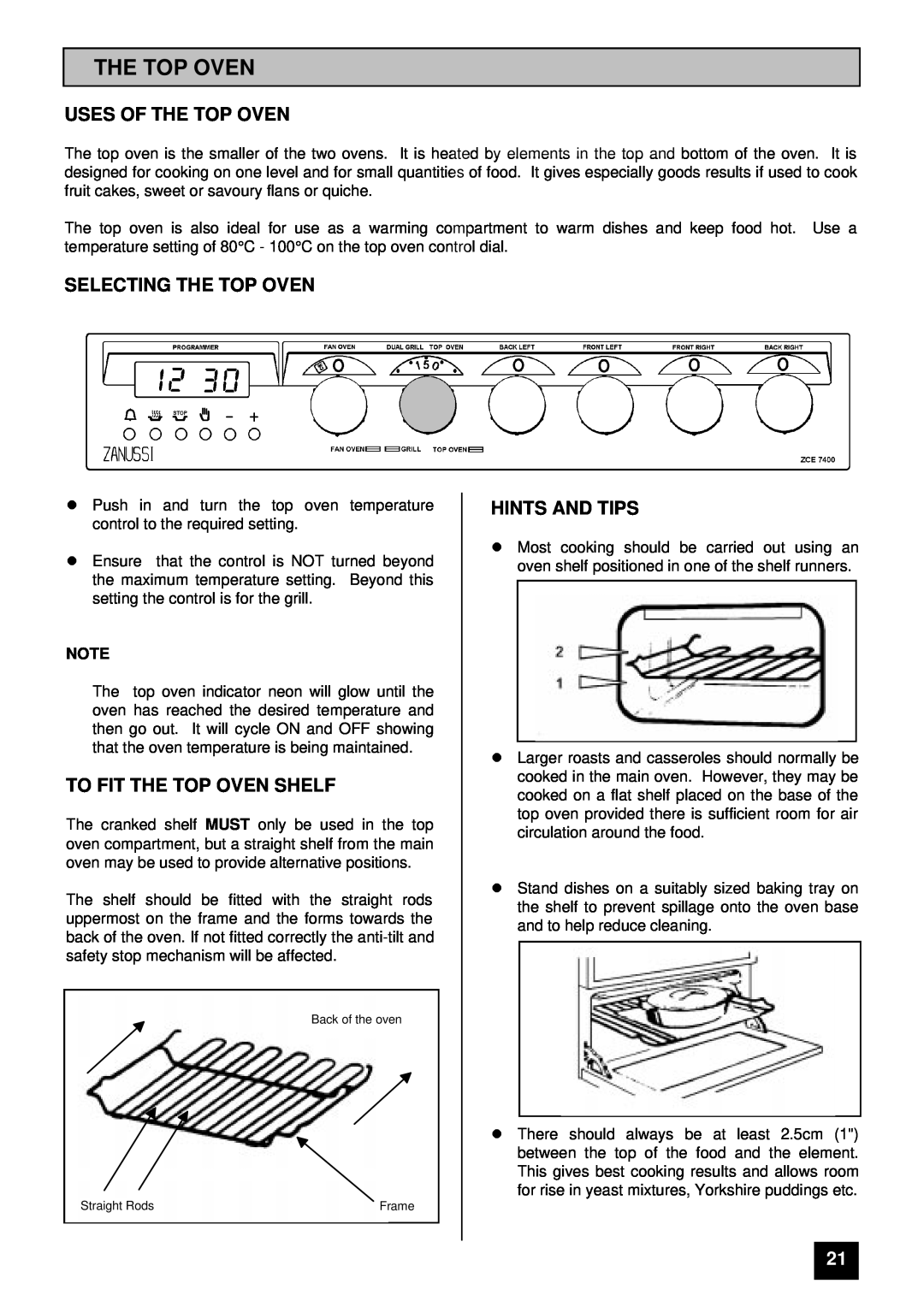 Zanussi ZCE 7400 manual Uses Of The Top Oven, Selecting The Top Oven, To Fit The Top Oven Shelf, lHINTS AND TIPS 
