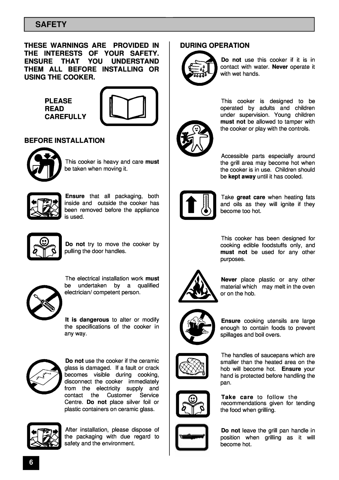Zanussi ZCE 7400 manual Safety, Please Read Carefully Before Installation, During Operation 