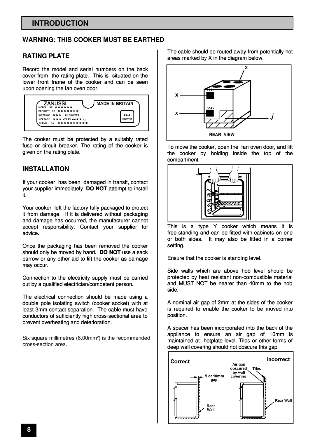 Zanussi ZCE 7400 manual Introduction, Warning This Cooker Must Be Earthed Rating Plate, Installation 