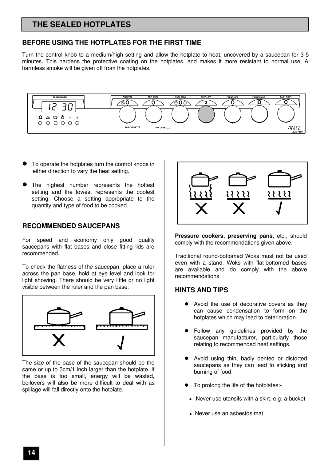 Zanussi ZCE 7500 Sealed Hotplates, Before Using the Hotplates for the First Time, Recommended Saucepans, Hints and Tips 