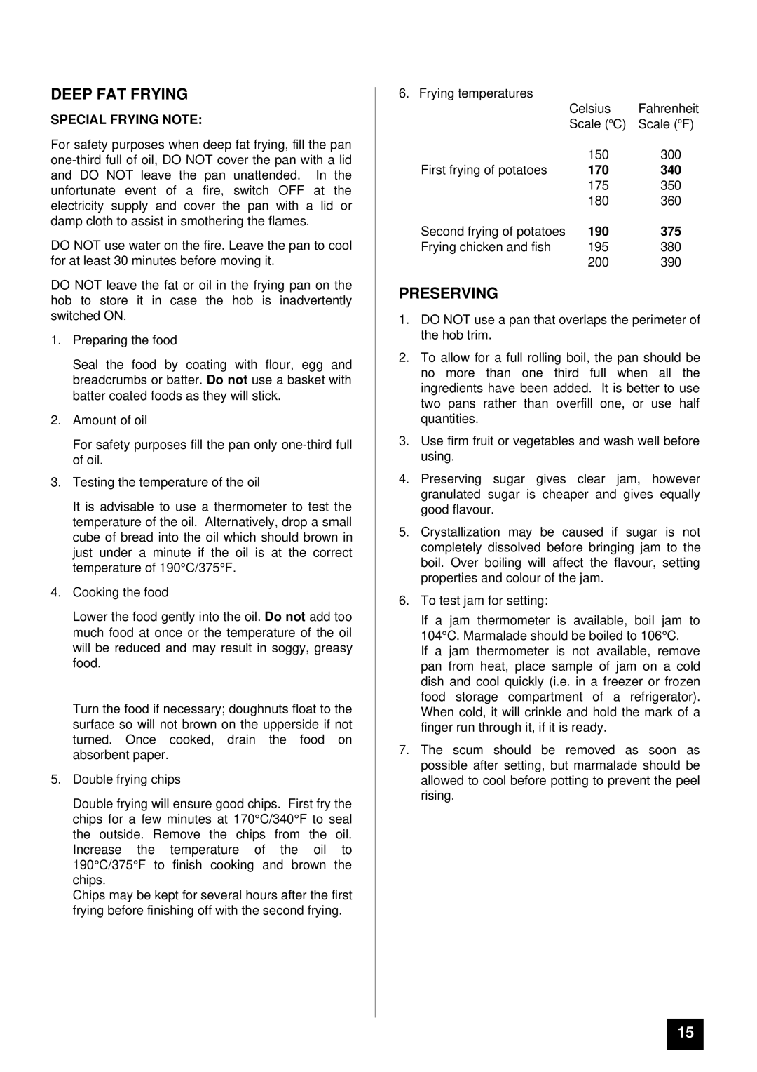 Zanussi ZCE 7500 manual Deep FAT Frying, Preserving, Special Frying Note 