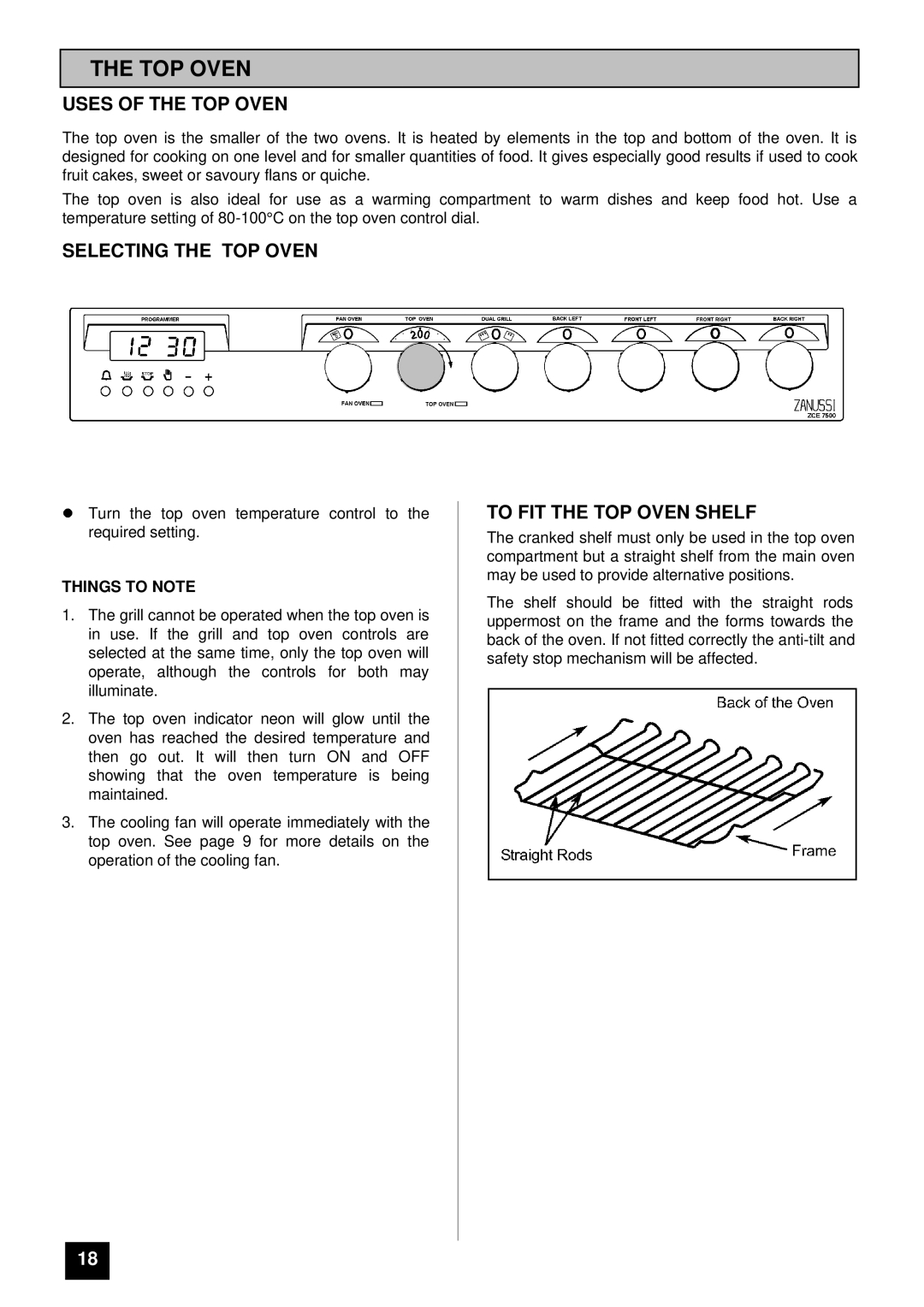 Zanussi ZCE 7500 manual Uses of the TOP Oven, Selecting the TOP Oven, To FIT the TOP Oven Shelf 