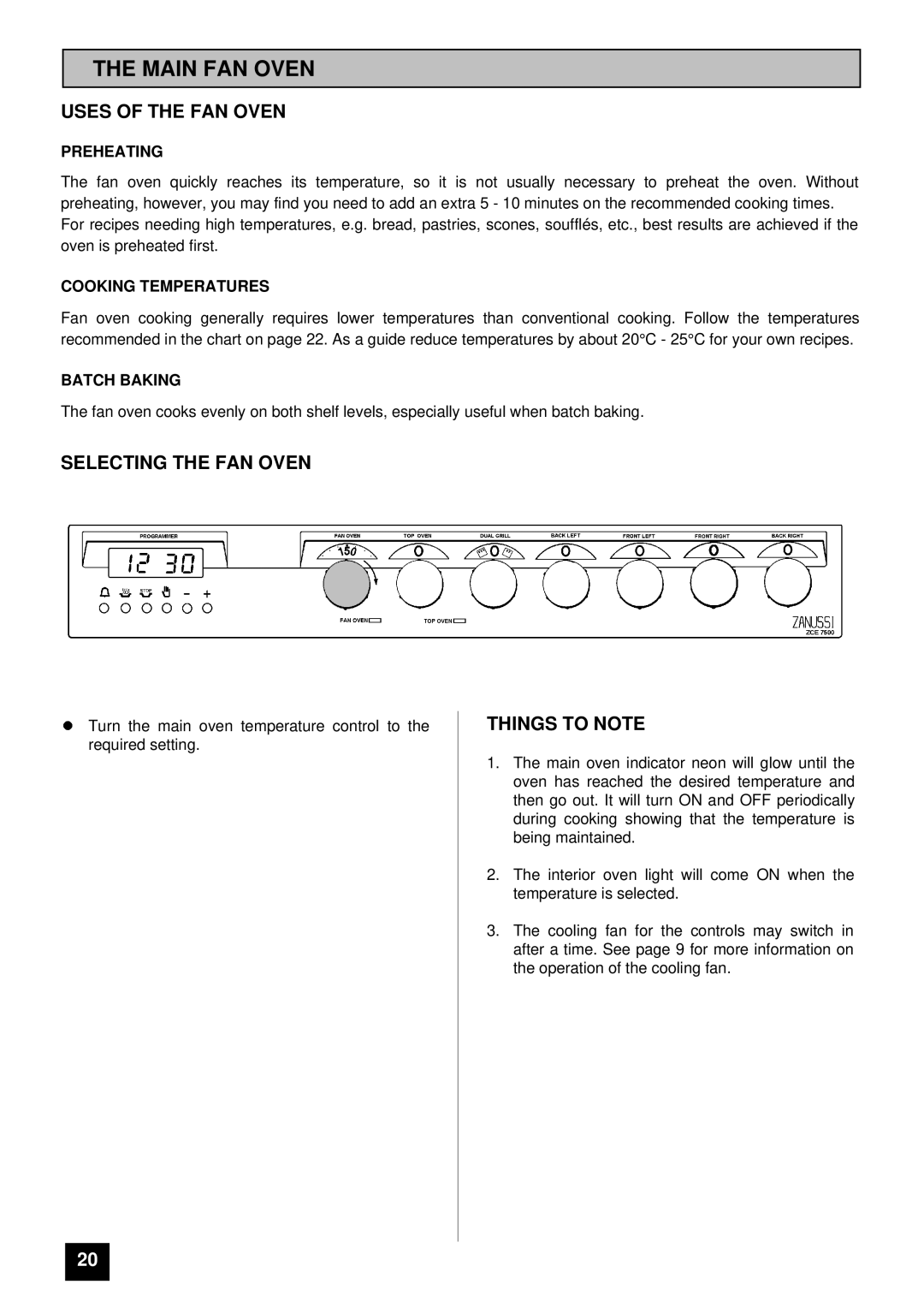 Zanussi ZCE 7500 manual Main FAN Oven, Uses of the FAN Oven, Selecting the FAN Oven 