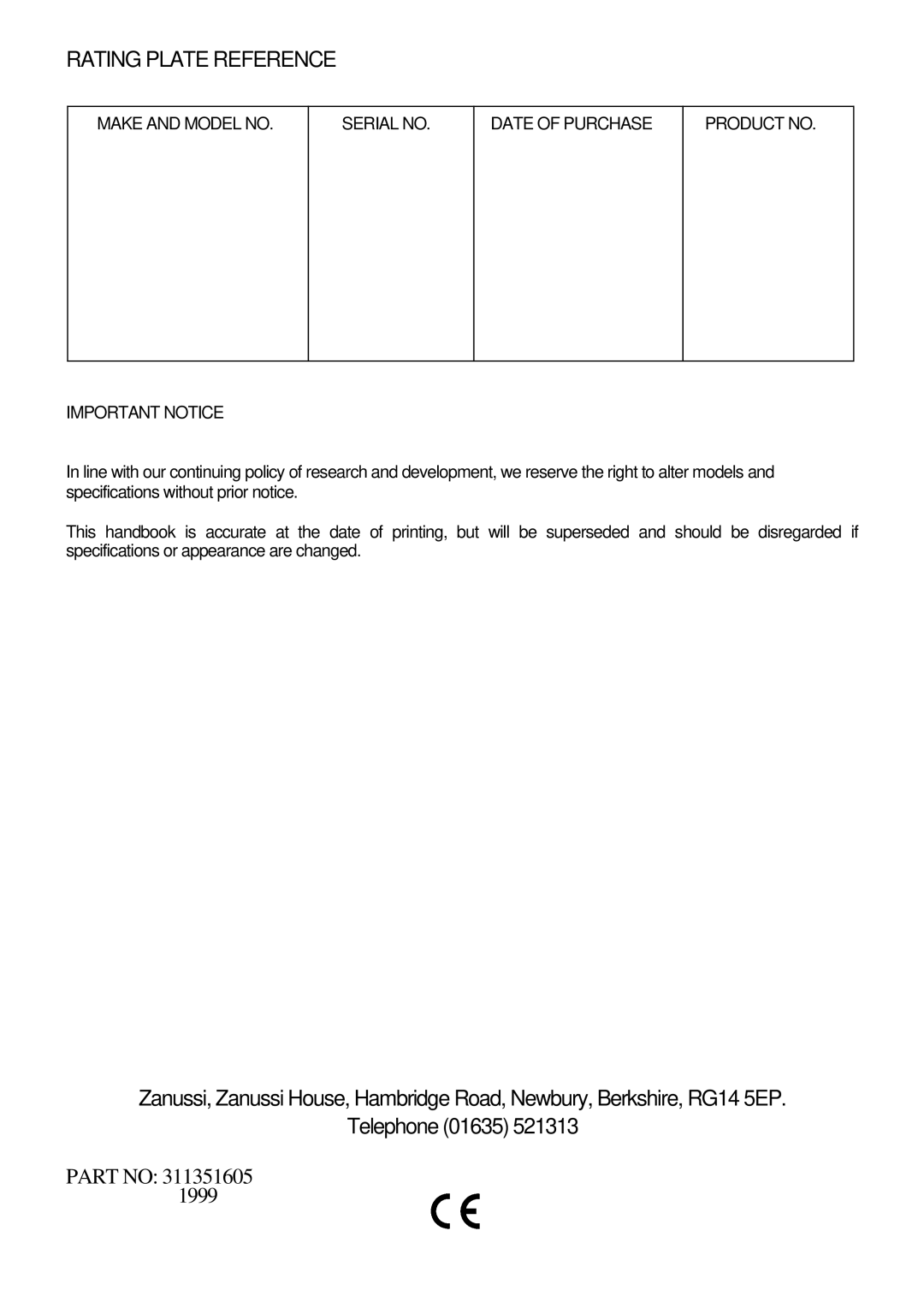 Zanussi ZCE 7500 manual Rating Plate Reference 