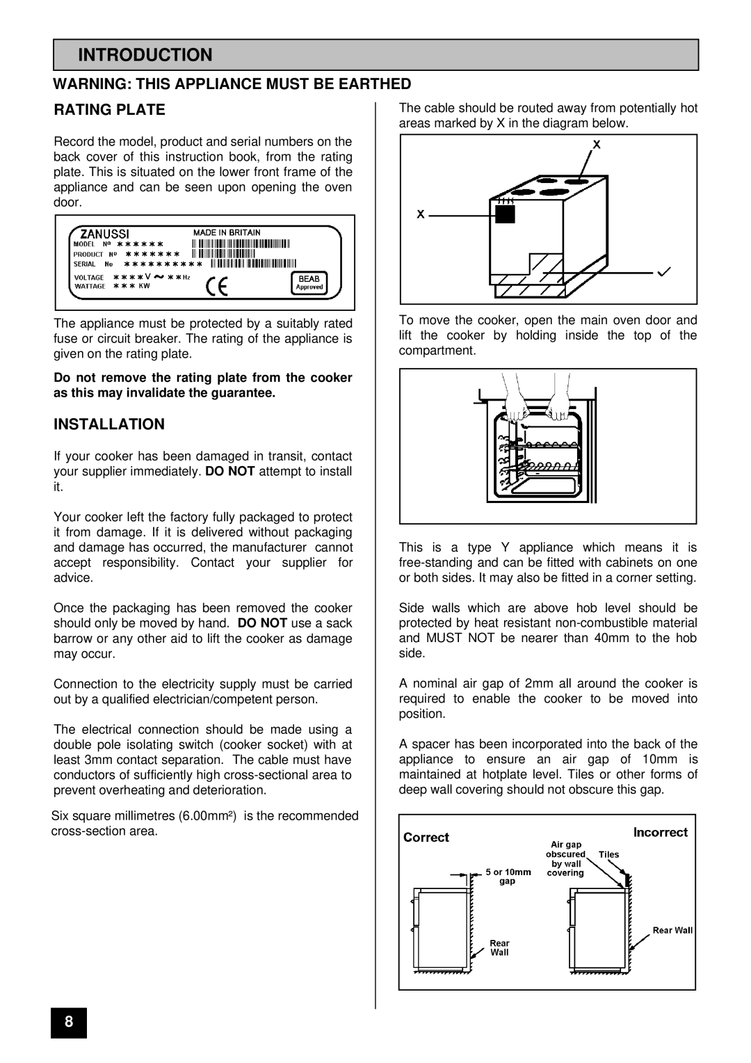 Zanussi ZCE 7500 manual Introduction, Rating Plate, Installation 