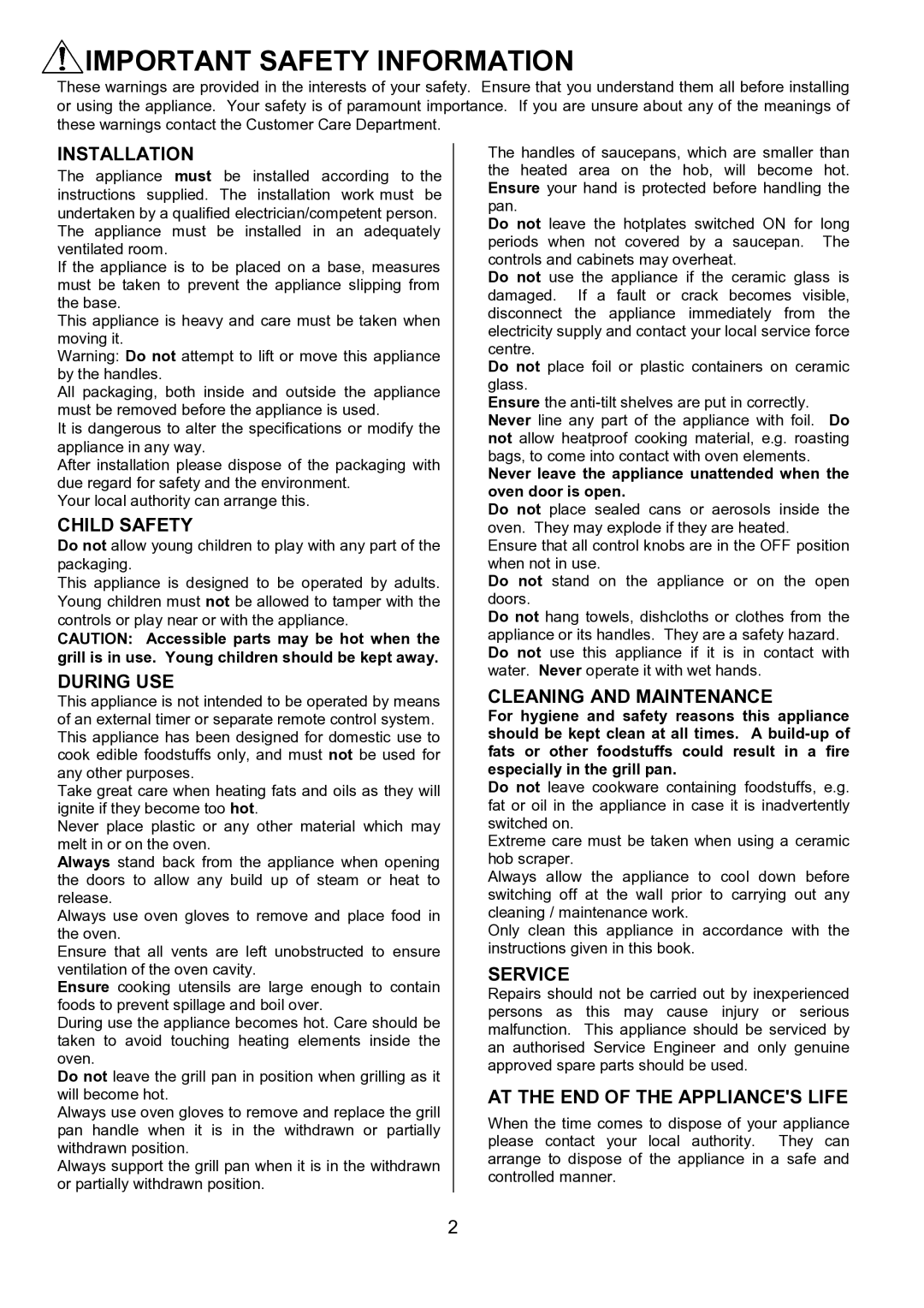 Zanussi ZCE 7550, ZCE 7551 manual Important Safety Information 