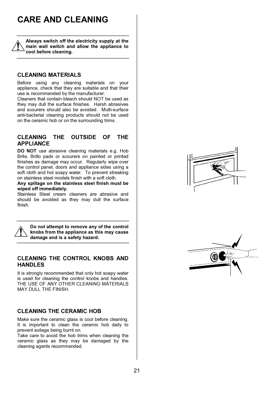 Zanussi ZCE 7551 Care and Cleaning, Cleaning Materials, Cleaning the Outside of the Appliance, Cleaning the Ceramic HOB 