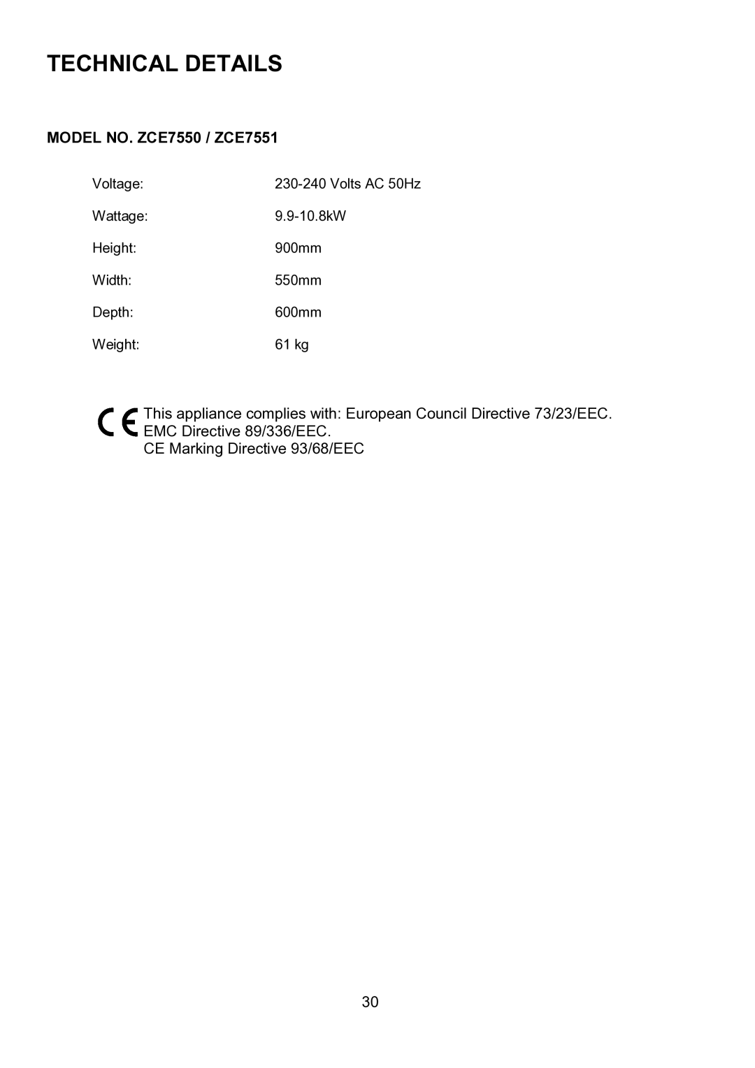 Zanussi ZCE 7550, ZCE 7551 manual Technical Details, Model NO. ZCE7550 / ZCE7551 