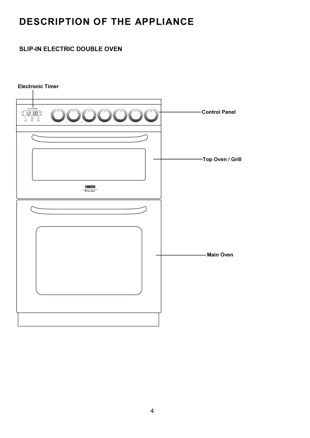 Zanussi ZCE 7550, ZCE 7551 manual Description of the Appliance, SLIP-IN Electric Double Oven, Electronic Timer 