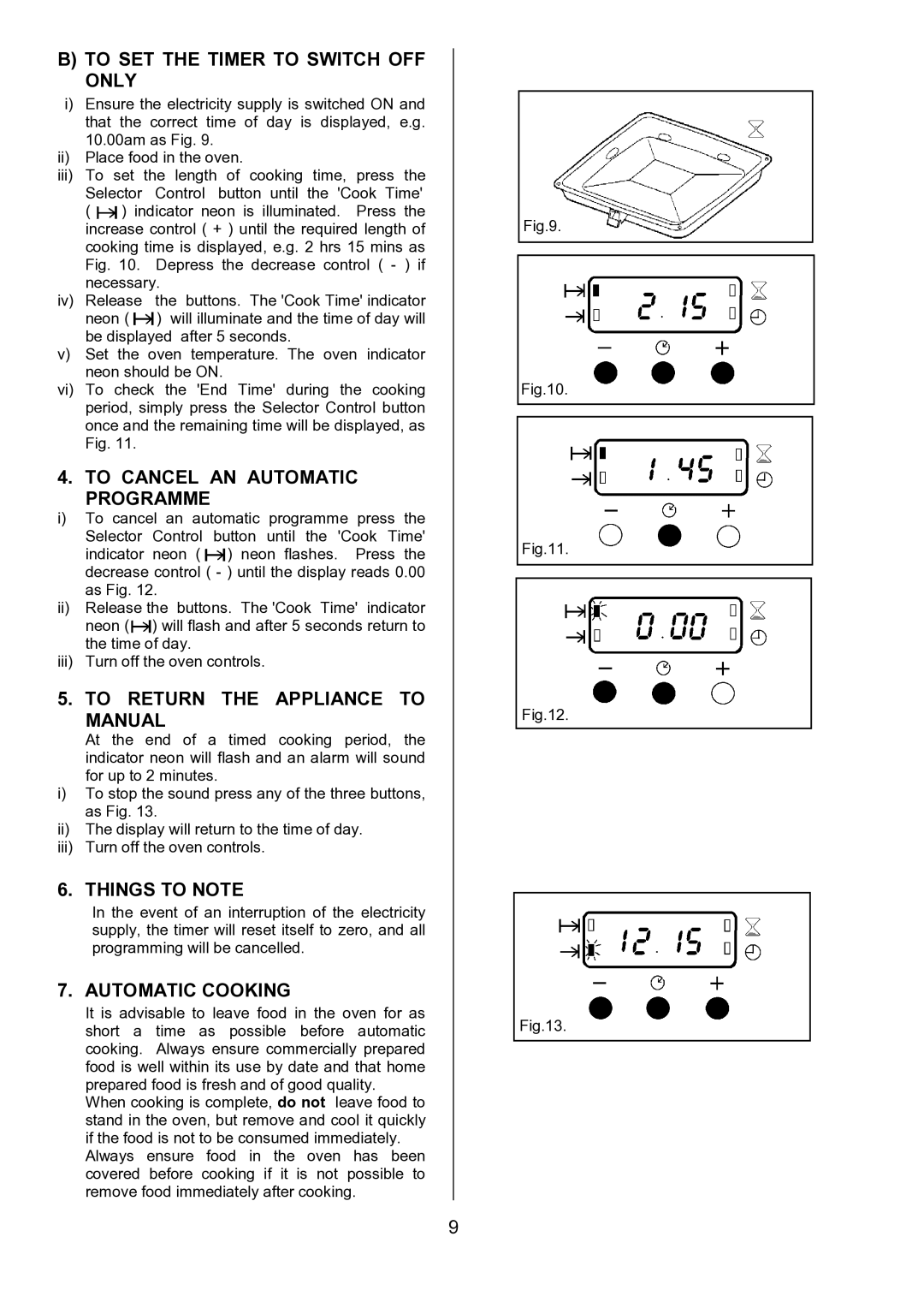 Zanussi ZCE 7551 To SET the Timer to Switch OFF only, To Cancel AN Automatic Programme, To Return the Appliance to Manual 