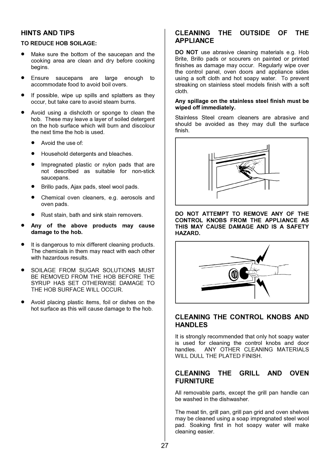 Zanussi ZCE 7551X manual Cleaning the Outside of the Appliance, Cleaning the Control Knobs and Handles 