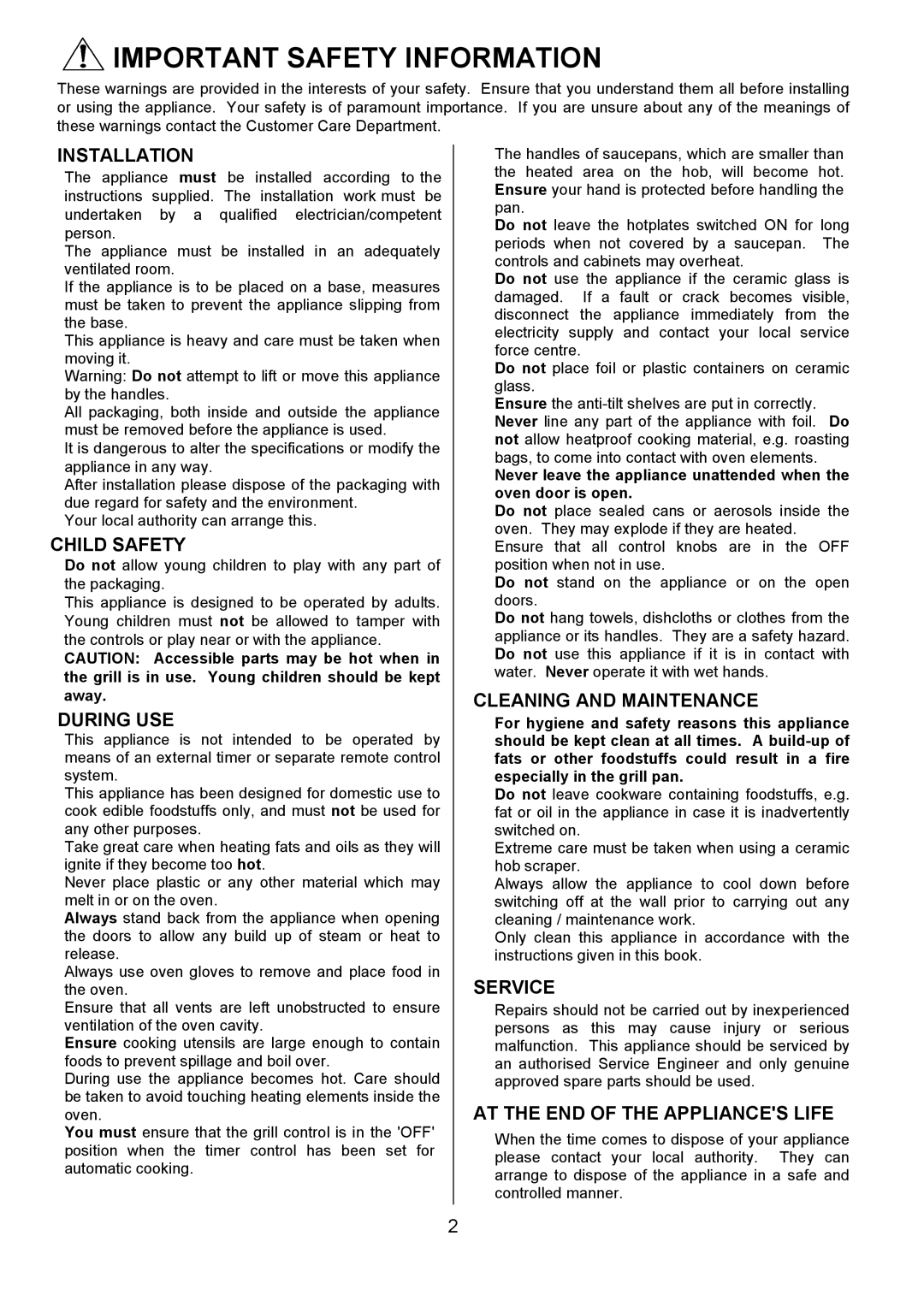 Zanussi ZCE 7680, ZCE 7690 manual Important Safety Information 