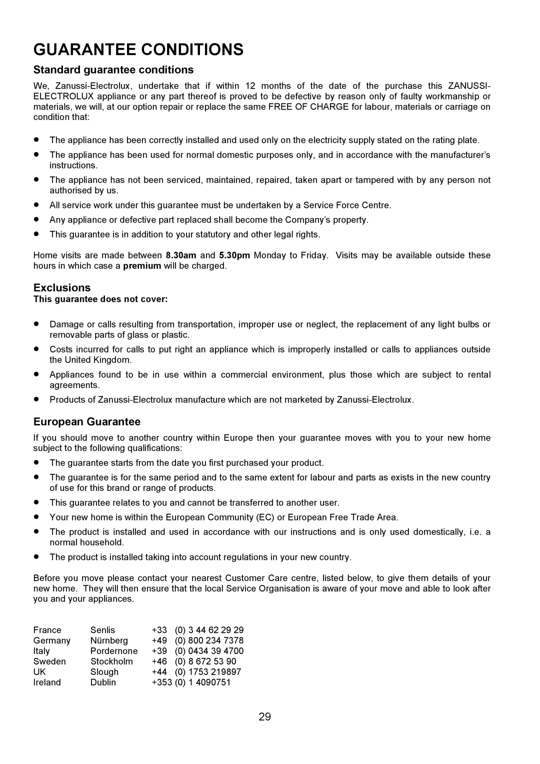 Zanussi ZCE 7690, ZCE 7680 manual Guarantee Conditions, Standard guarantee conditions 