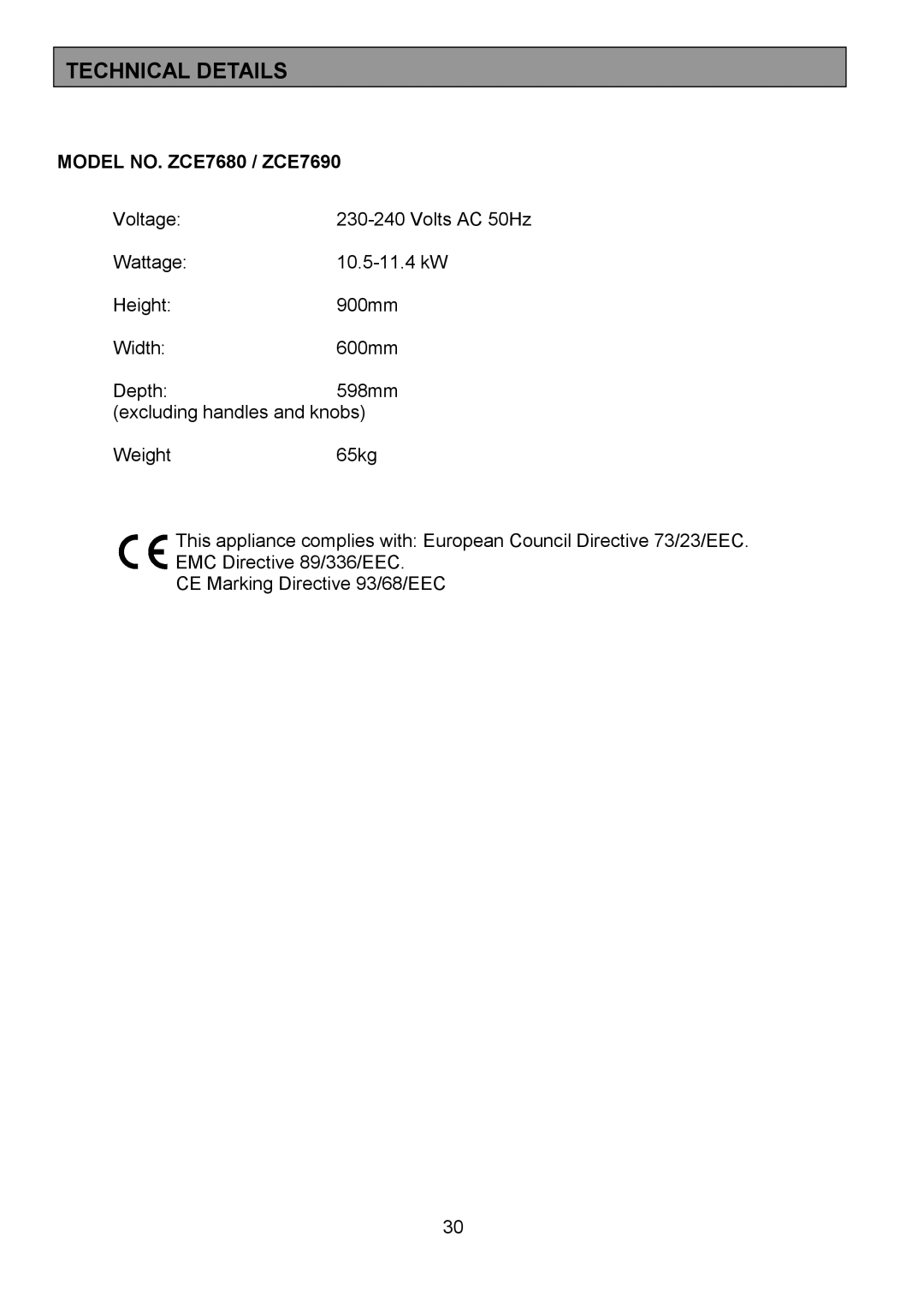 Zanussi ZCE 7680, ZCE 7690 manual Technical Details 