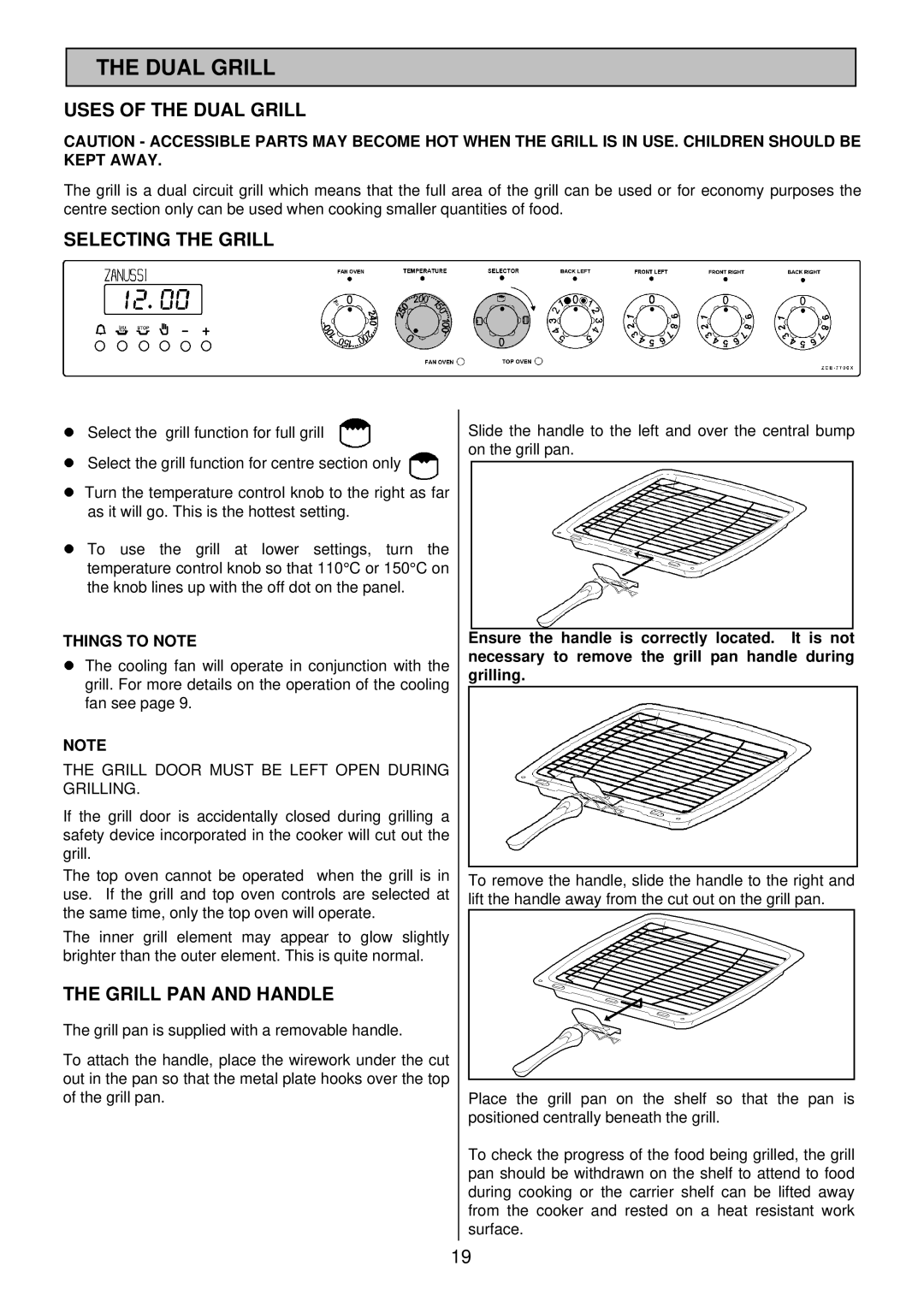 Zanussi ZCE 7700X manual Uses of the Dual Grill, Selecting the Grill, Grill PAN and Handle 