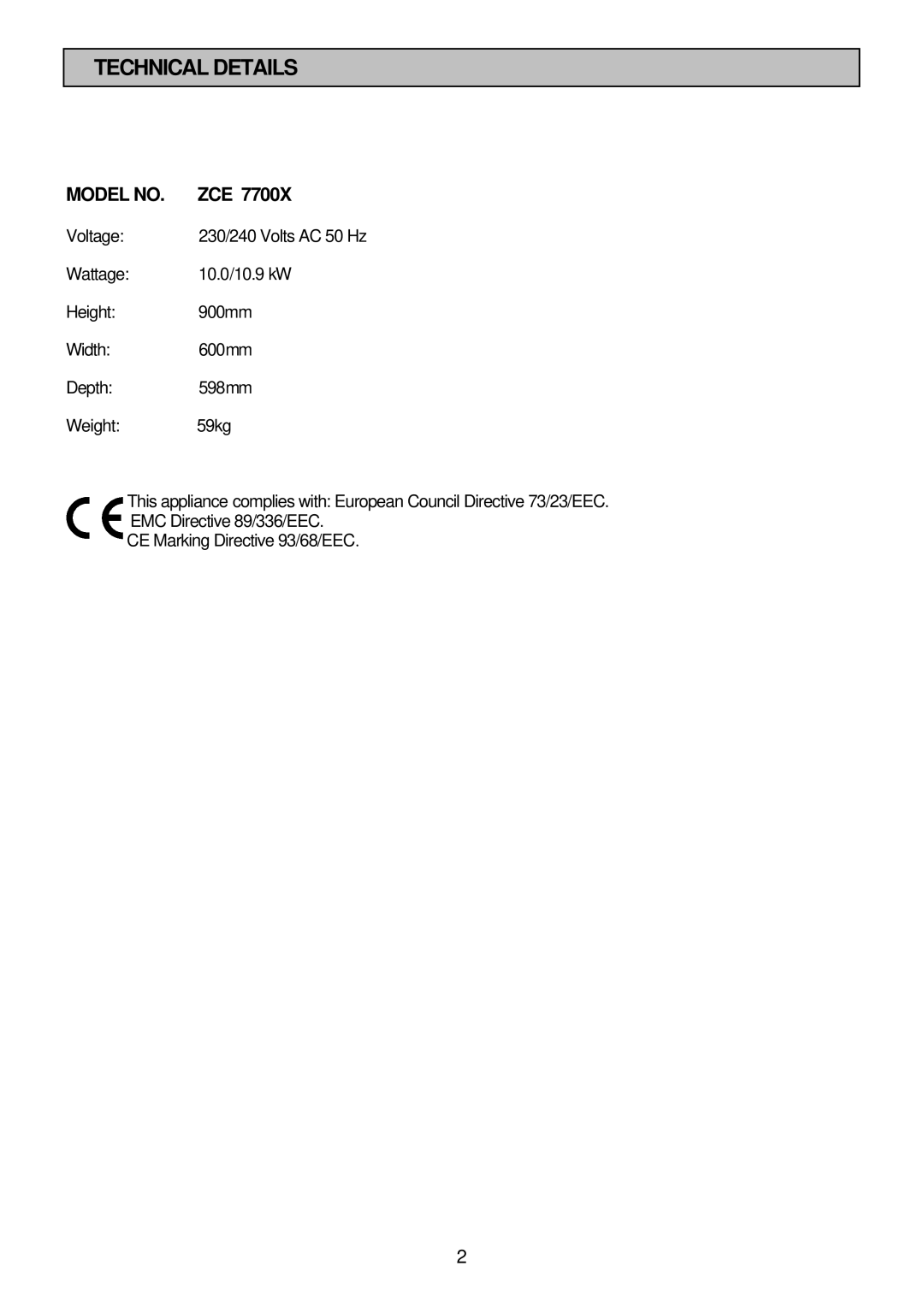 Zanussi ZCE 7700X manual Technical Details, Model no 