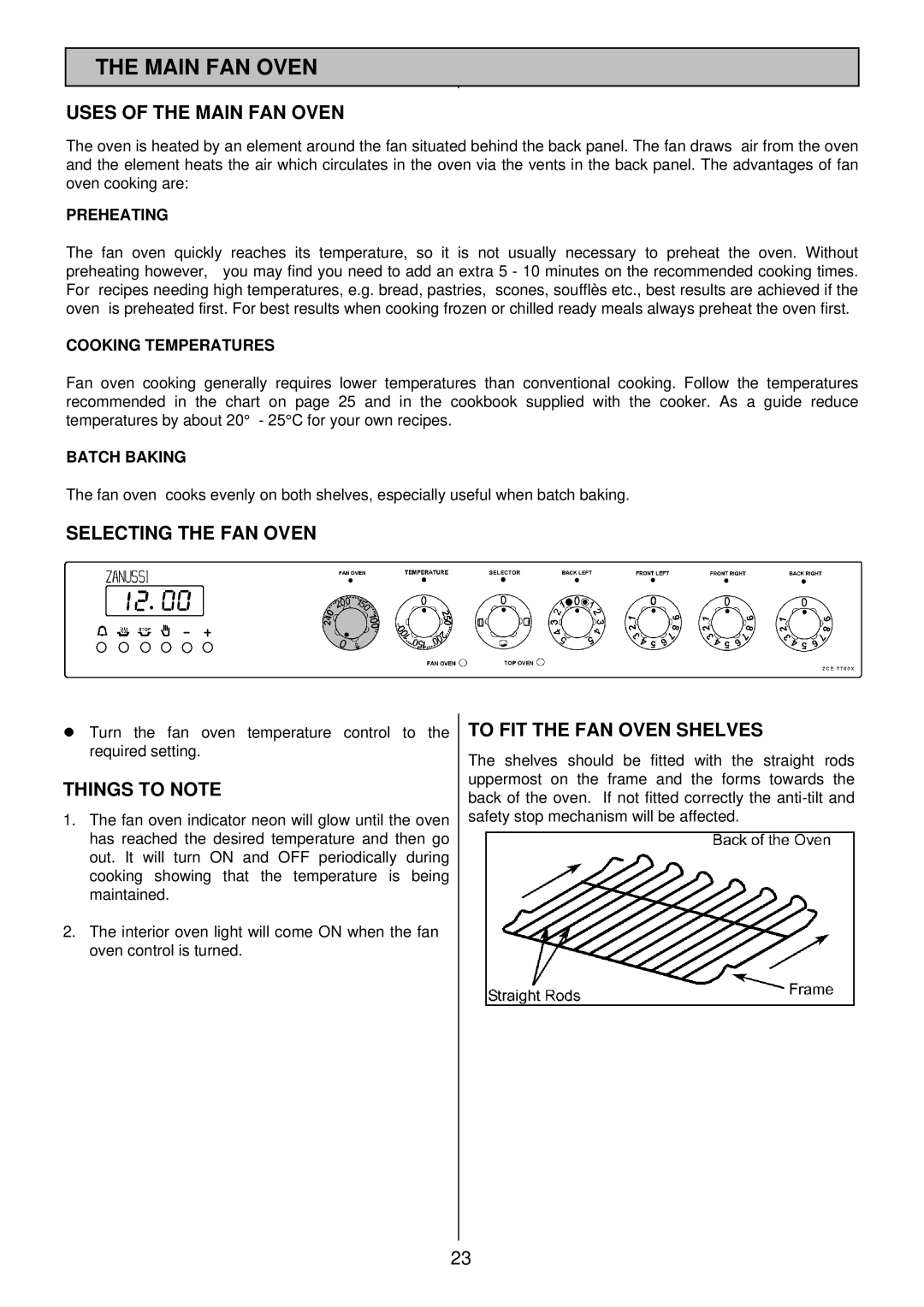 Zanussi ZCE 7700X manual Uses of the Main FAN Oven, Selecting the FAN Oven, To FIT the FAN Oven Shelves 