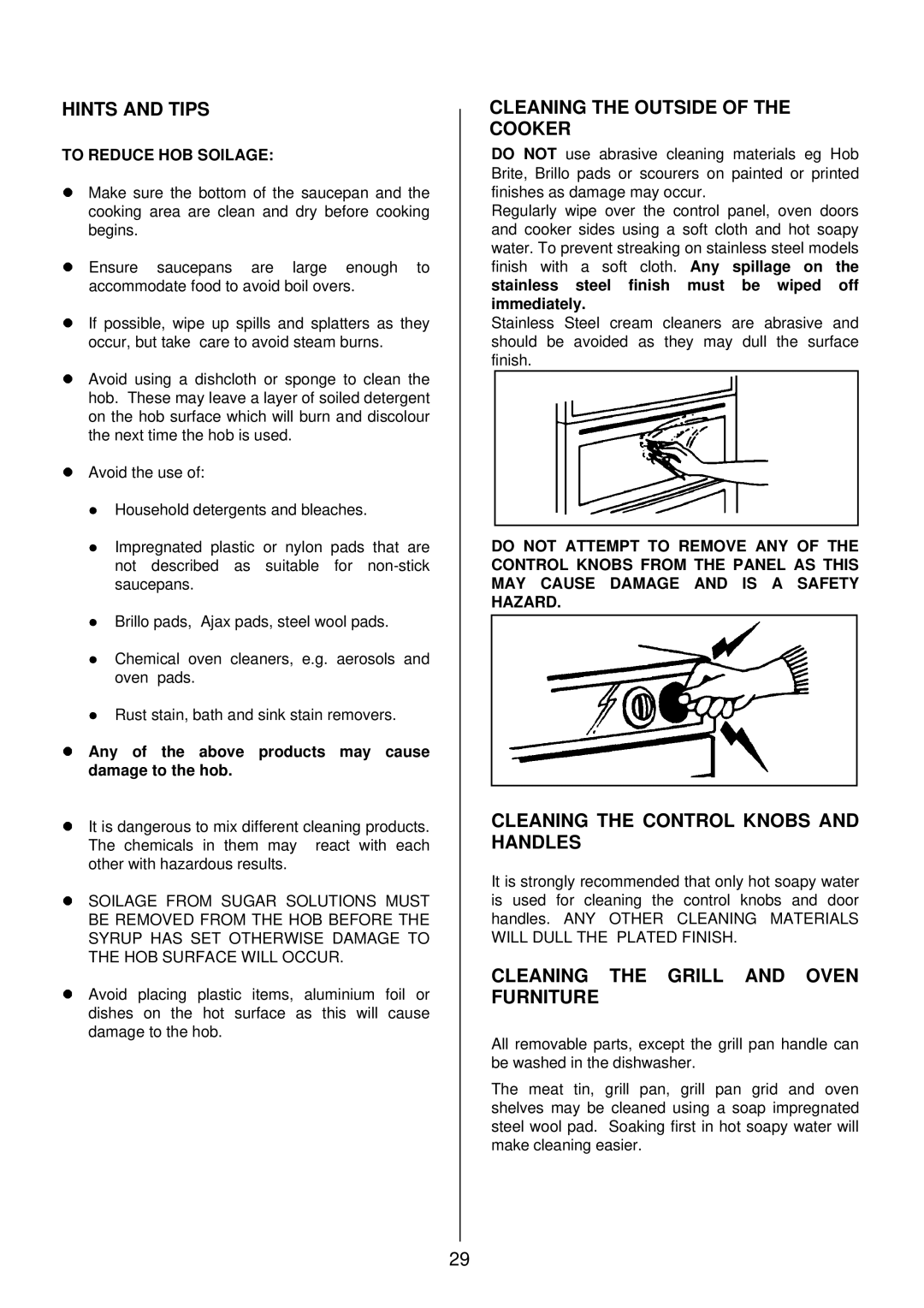 Zanussi ZCE 7700X manual Hints and Tips, Cleaning the Outside of the Cooker, Cleaning the Control Knobs and Handles 