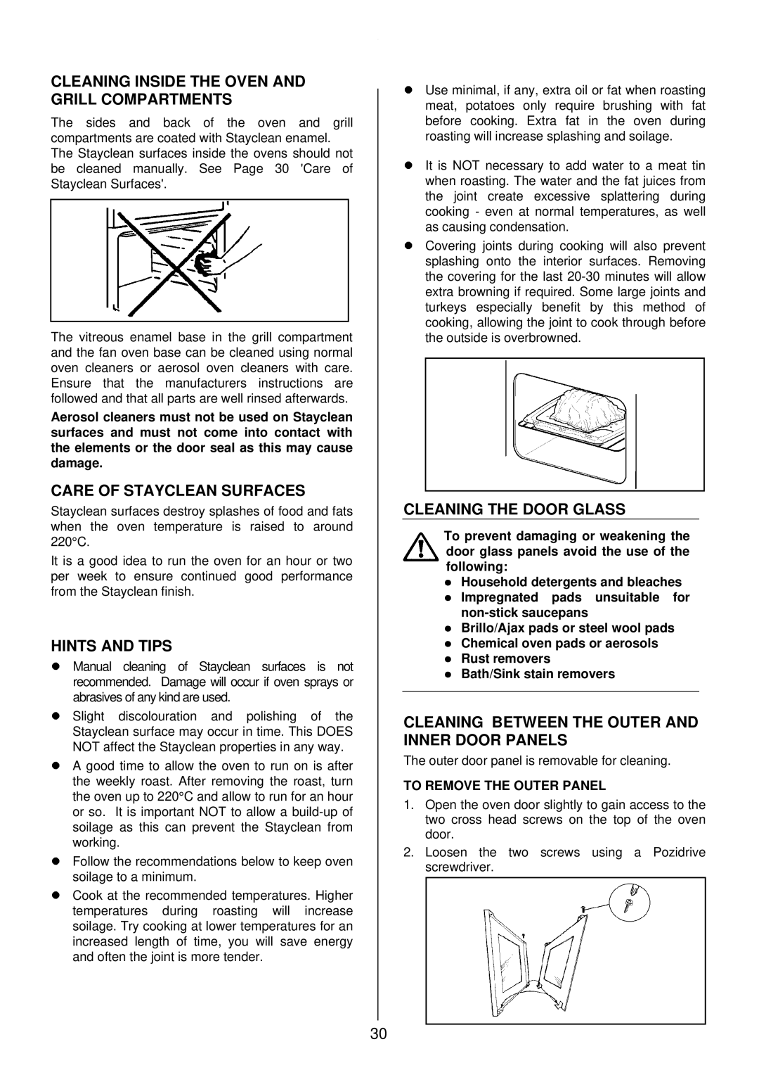 Zanussi ZCE 7700X Cleaning Inside the Oven and Grill Compartments, Care of Stayclean Surfaces, Cleaning the Door Glass 