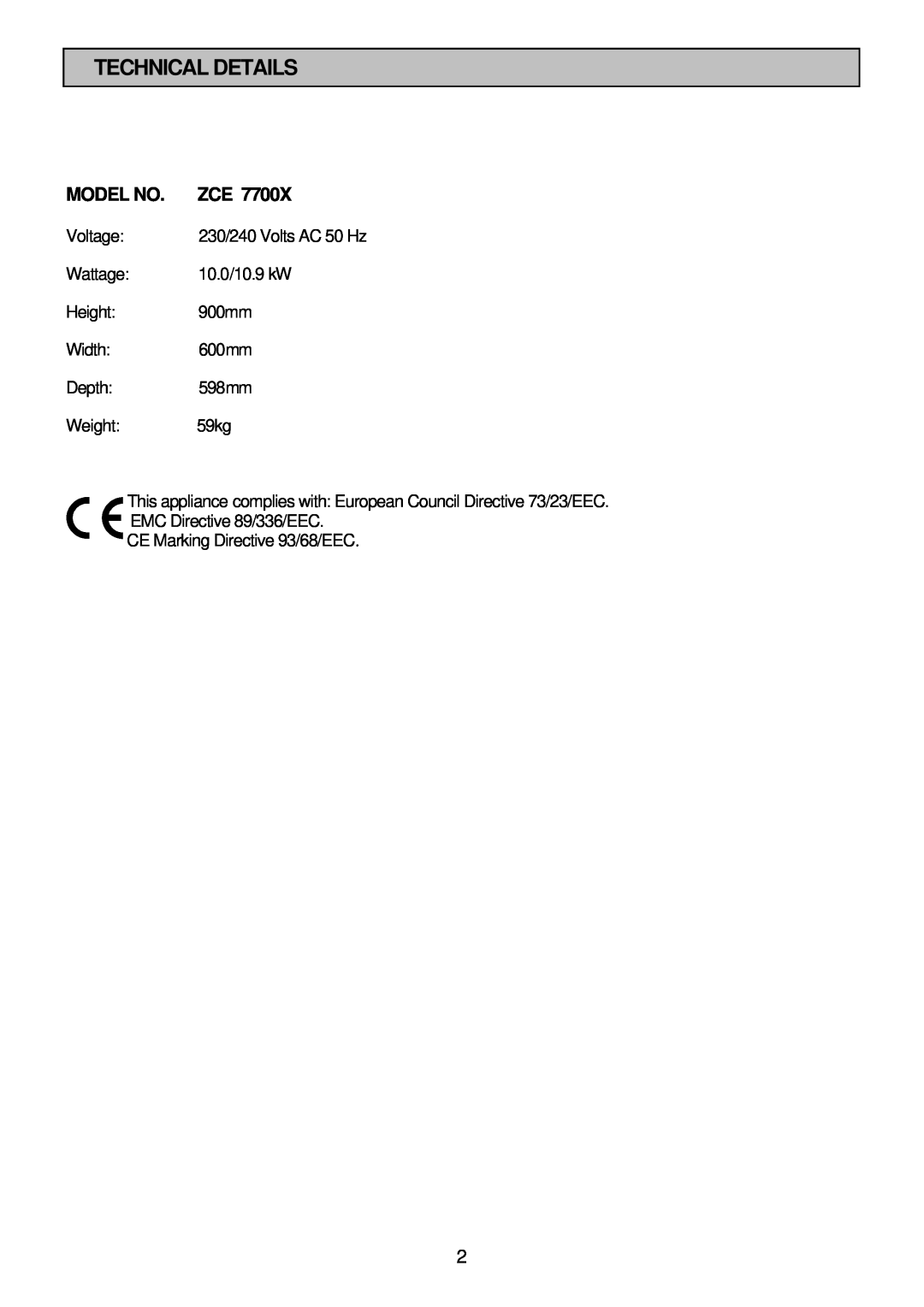Zanussi ZCE 7700X manual Technical Details, Model No 