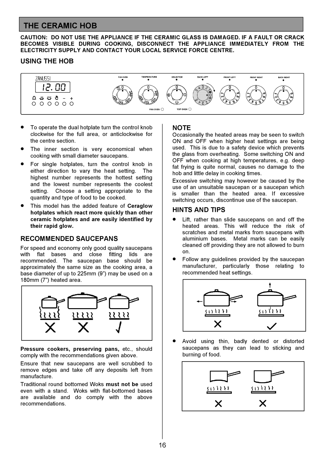 Zanussi ZCE 7701 manual Ceramic HOB, Using the HOB, Recommended Saucepans, Hints and Tips 