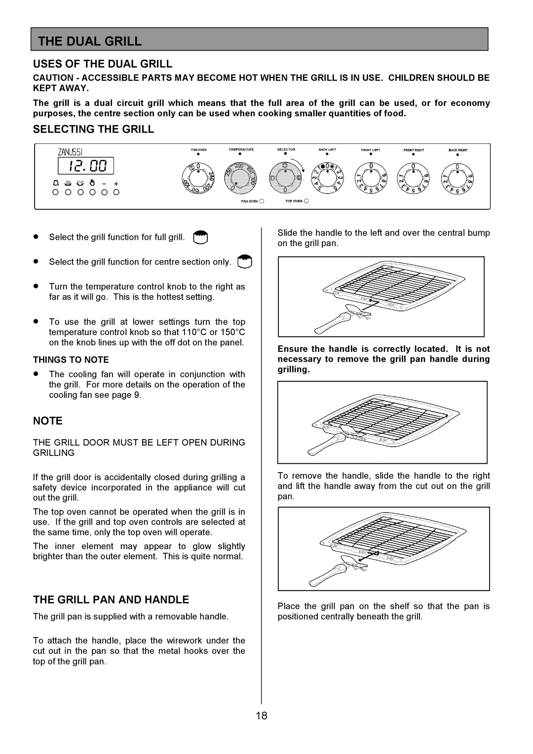 Zanussi ZCE 7701 manual Uses of the Dual Grill, Selecting the Grill, Grill PAN and Handle, Things to Note 