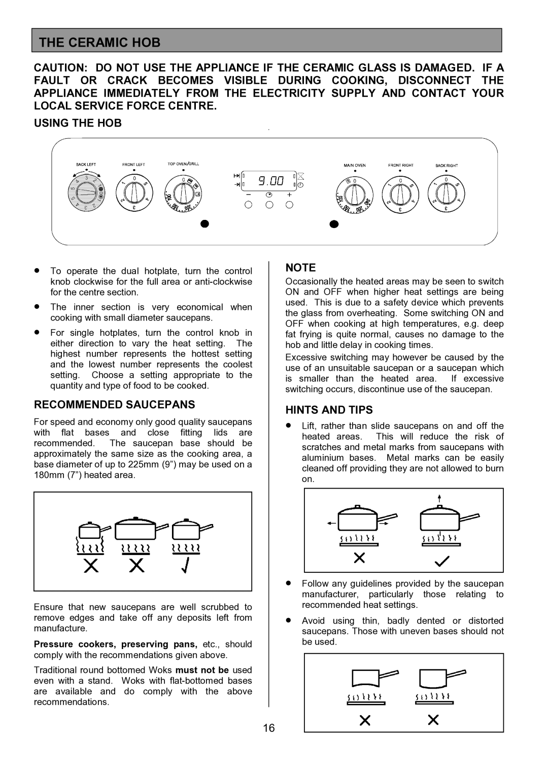 Zanussi ZCE 7702 manual Ceramic HOB, Using the HOB, Recommended Saucepans, Hints and Tips 