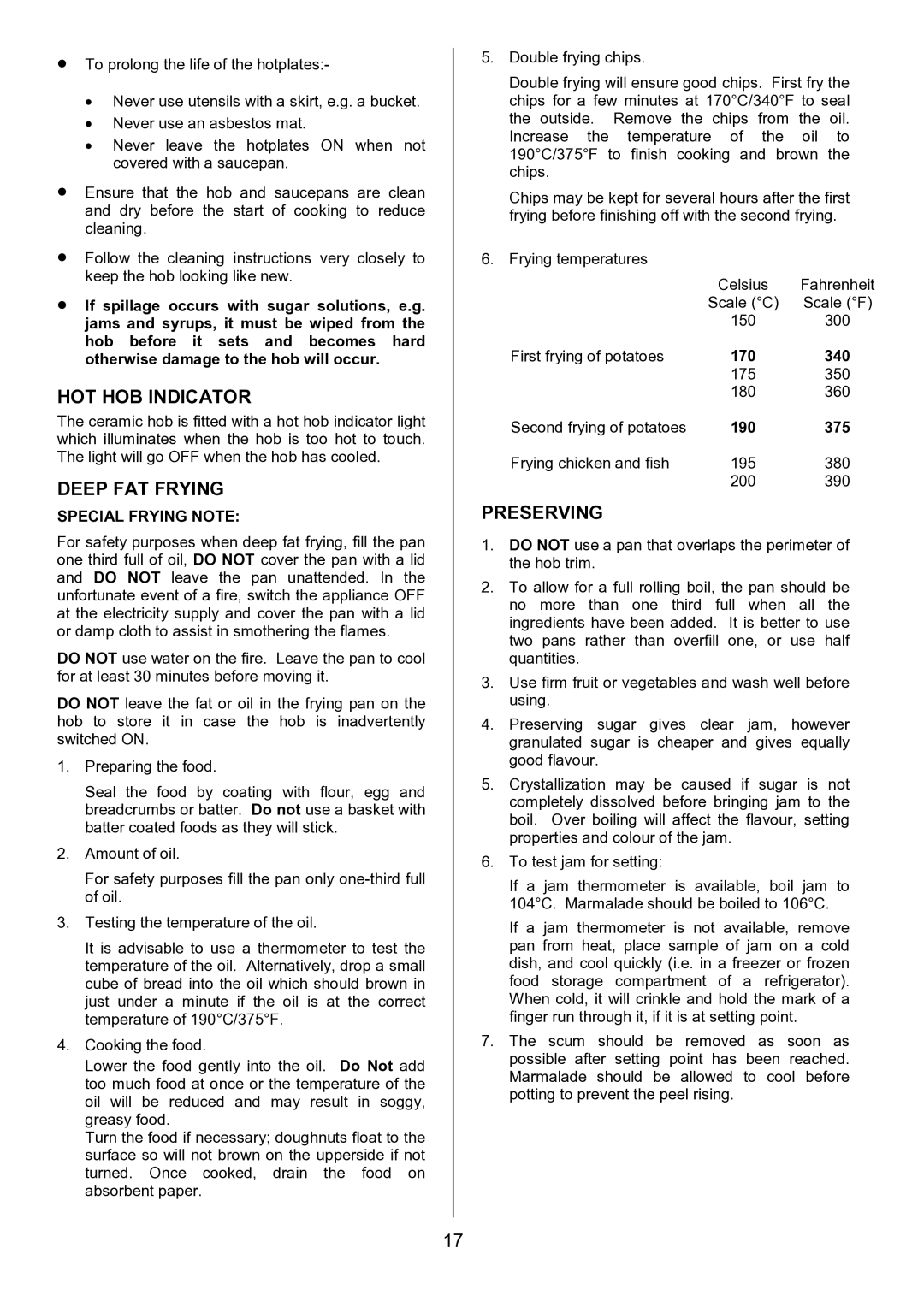 Zanussi ZCE 7702 manual HOT HOB Indicator, Deep FAT Frying, Preserving, Special Frying Note 